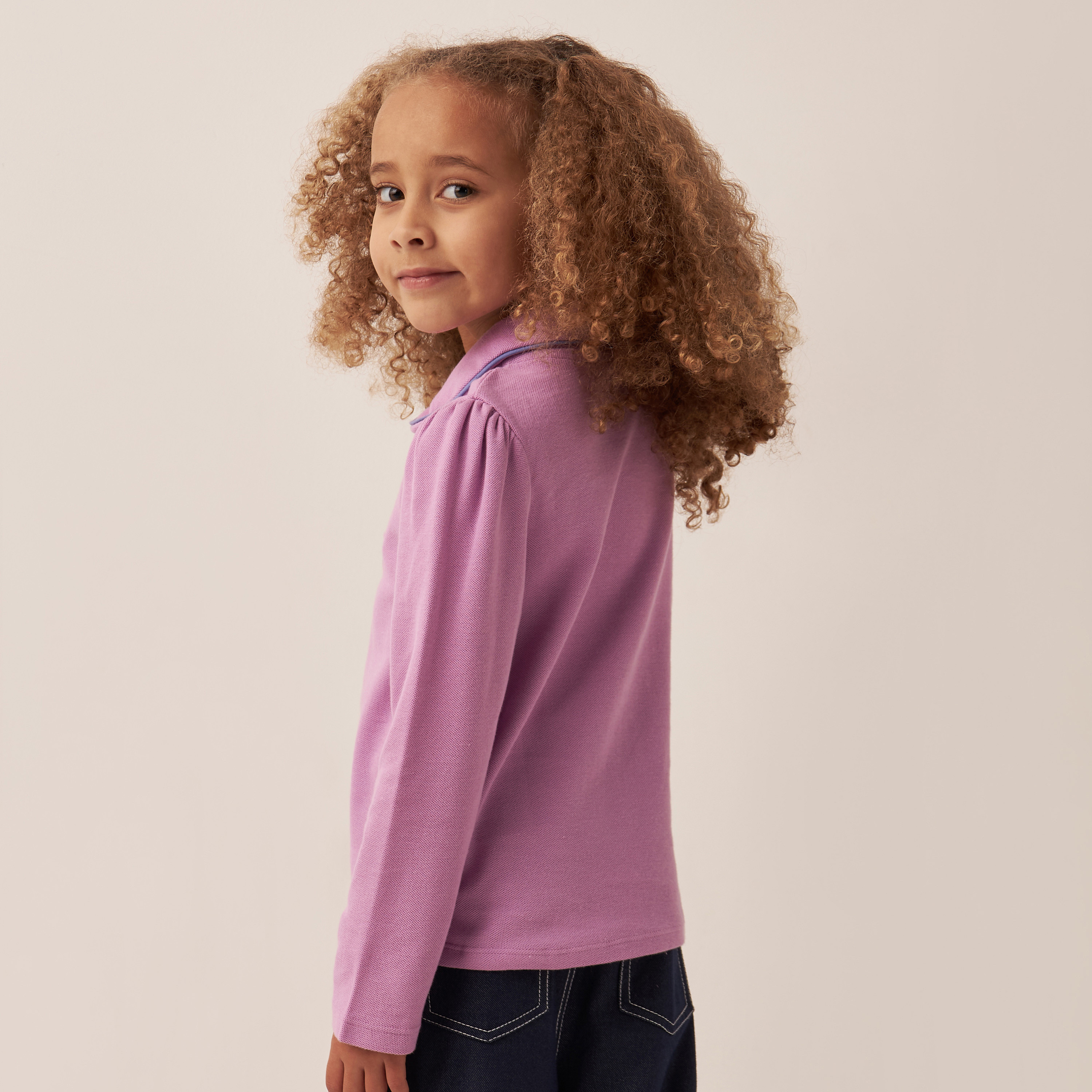 Juniors Solid Polo T-shirt with Long Sleeves-girls-clothing-tshirts-image-3