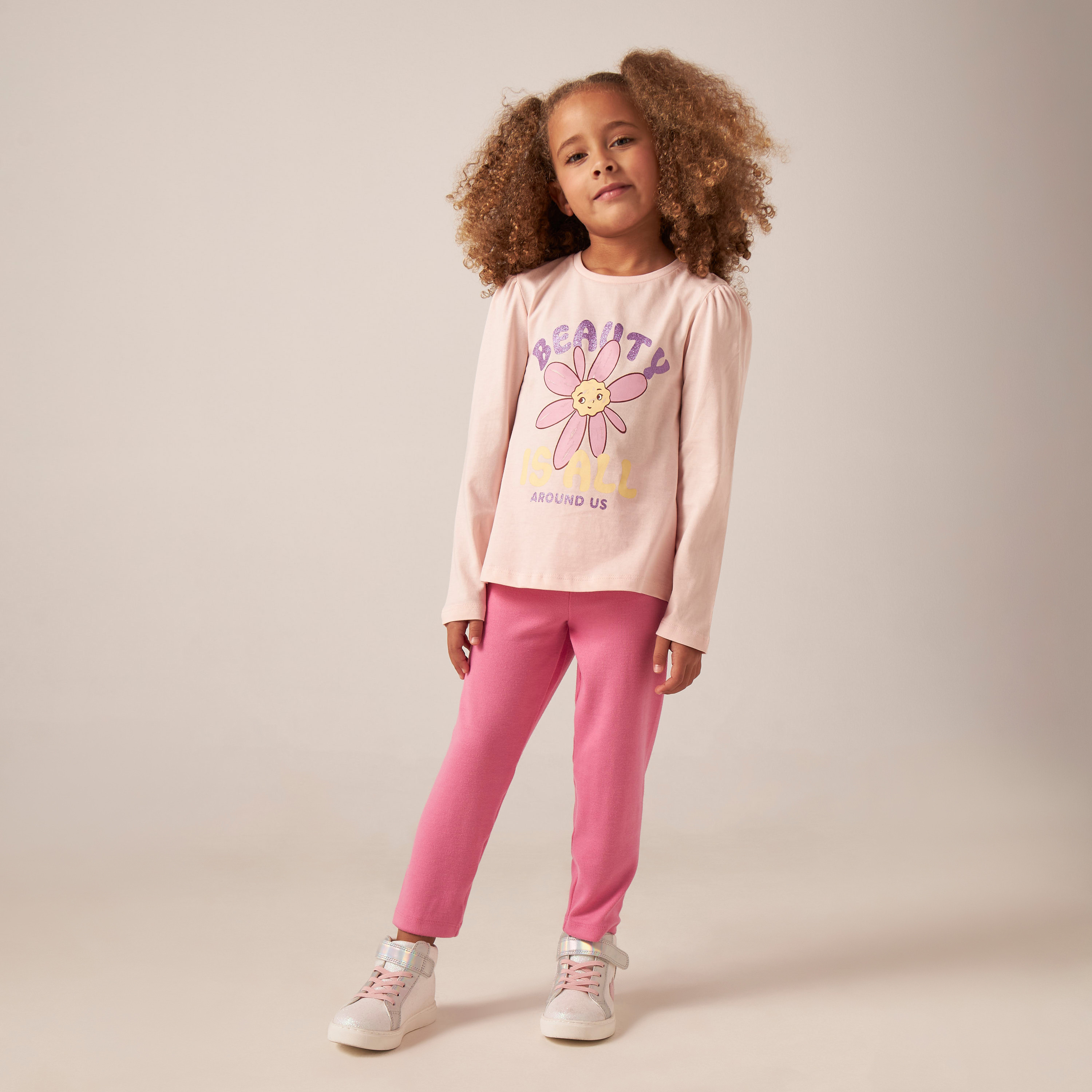 Juniors Floral Print Crew Neck T-shirt with Long Sleeves-girls-clothing-tshirts-image-2