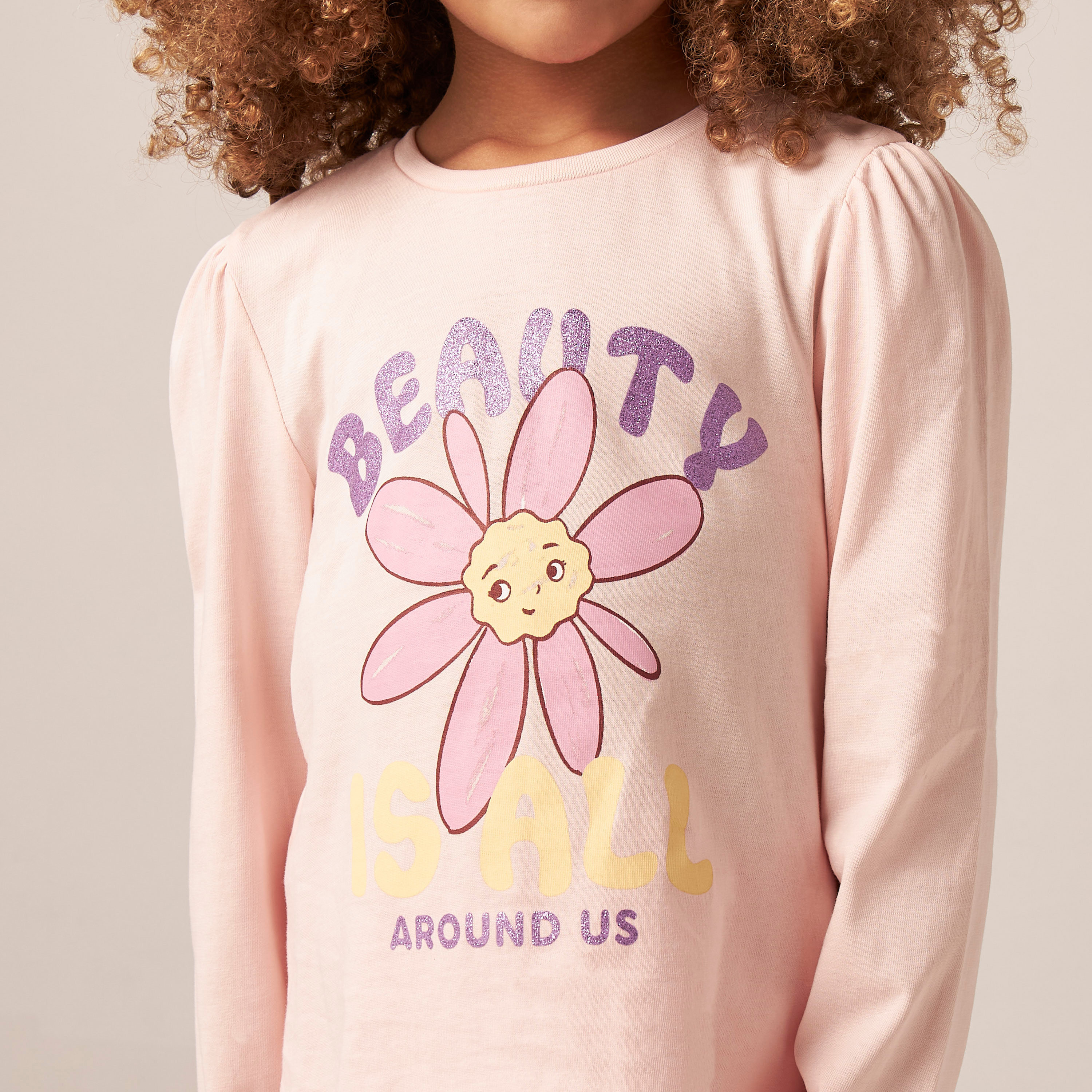Juniors Floral Print Crew Neck T-shirt with Long Sleeves-girls-clothing-tshirts-image-3