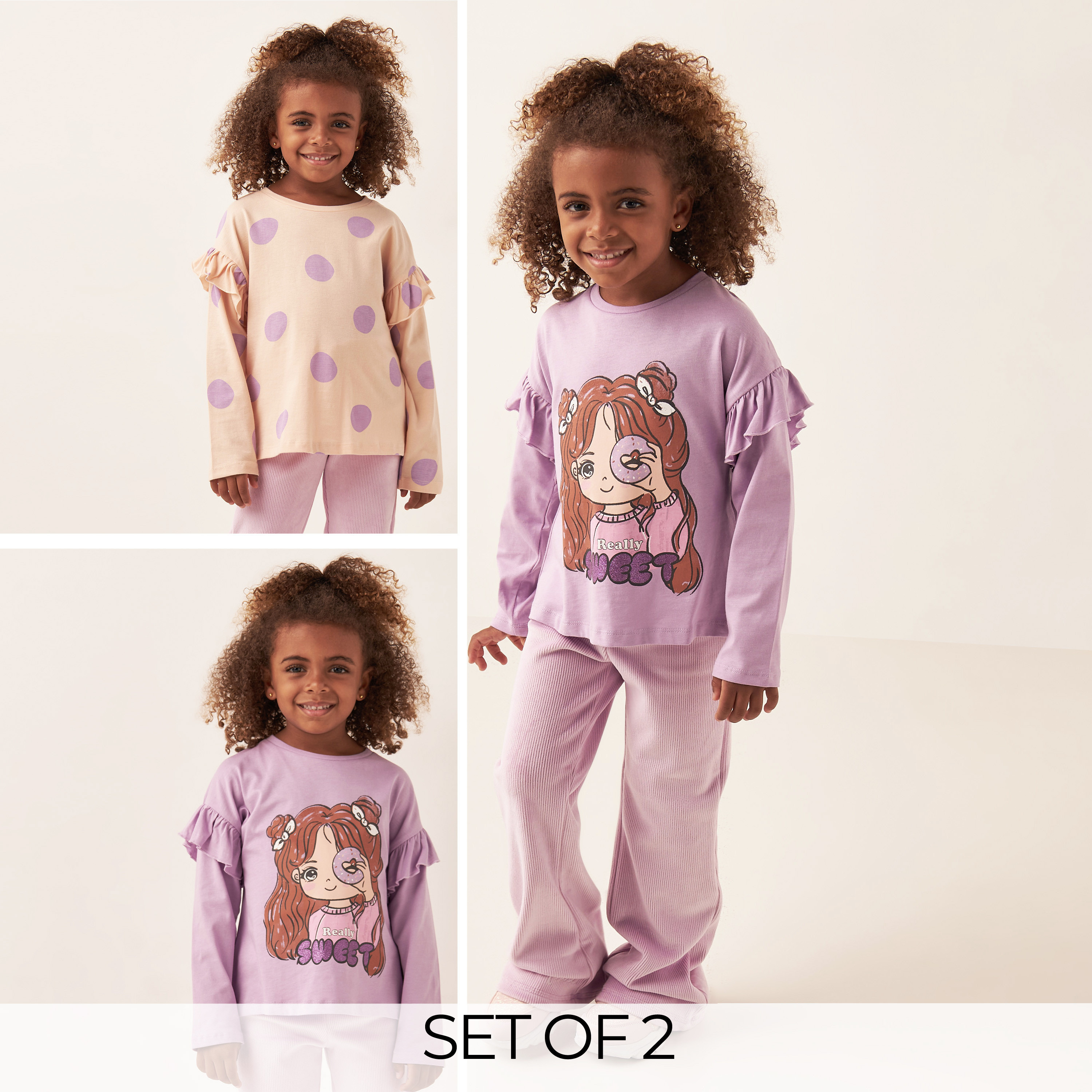 تيشيرت بأكمام طويلة بطبعات وتفاصيل كشكش من جونيورز - طقم من قطعتين-girls-clothing-multipacks-image-1