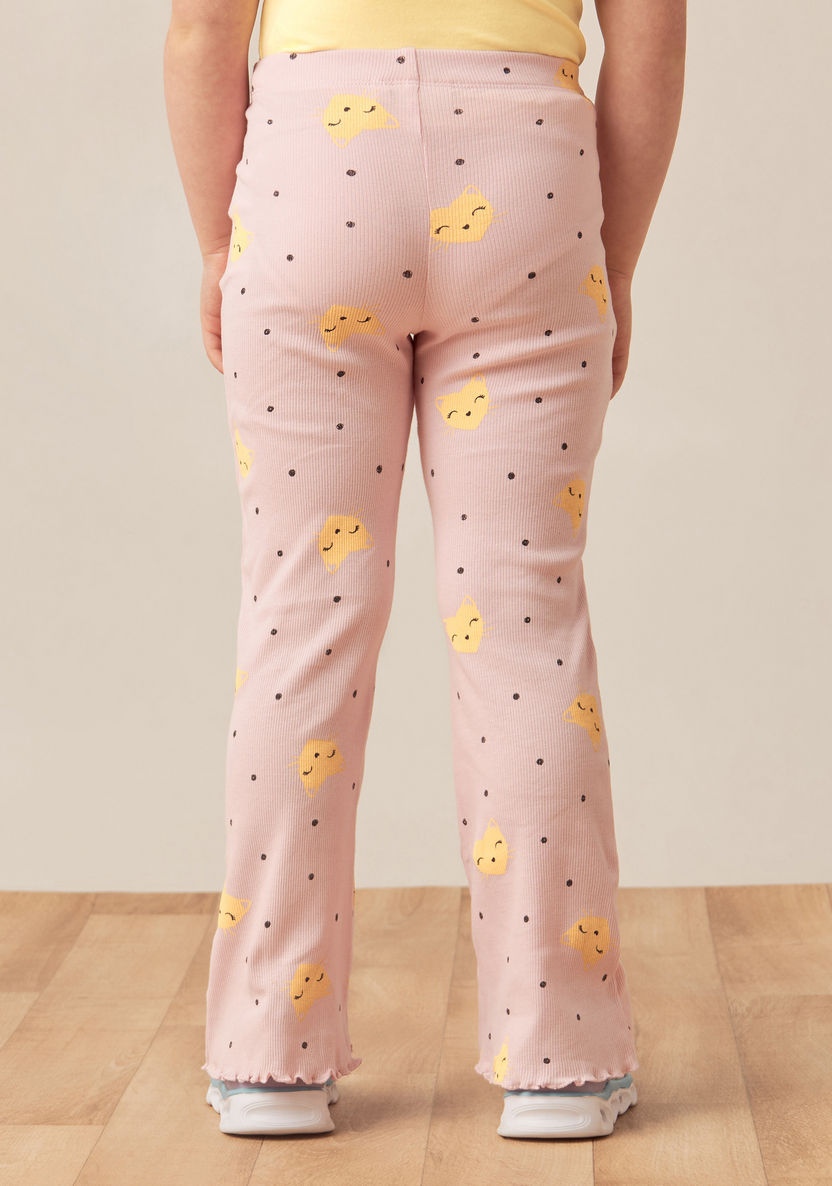 Juniors All-Over Cat Print Ribbed Flared Leggings with Elasticated Waistband-Leggings-image-3