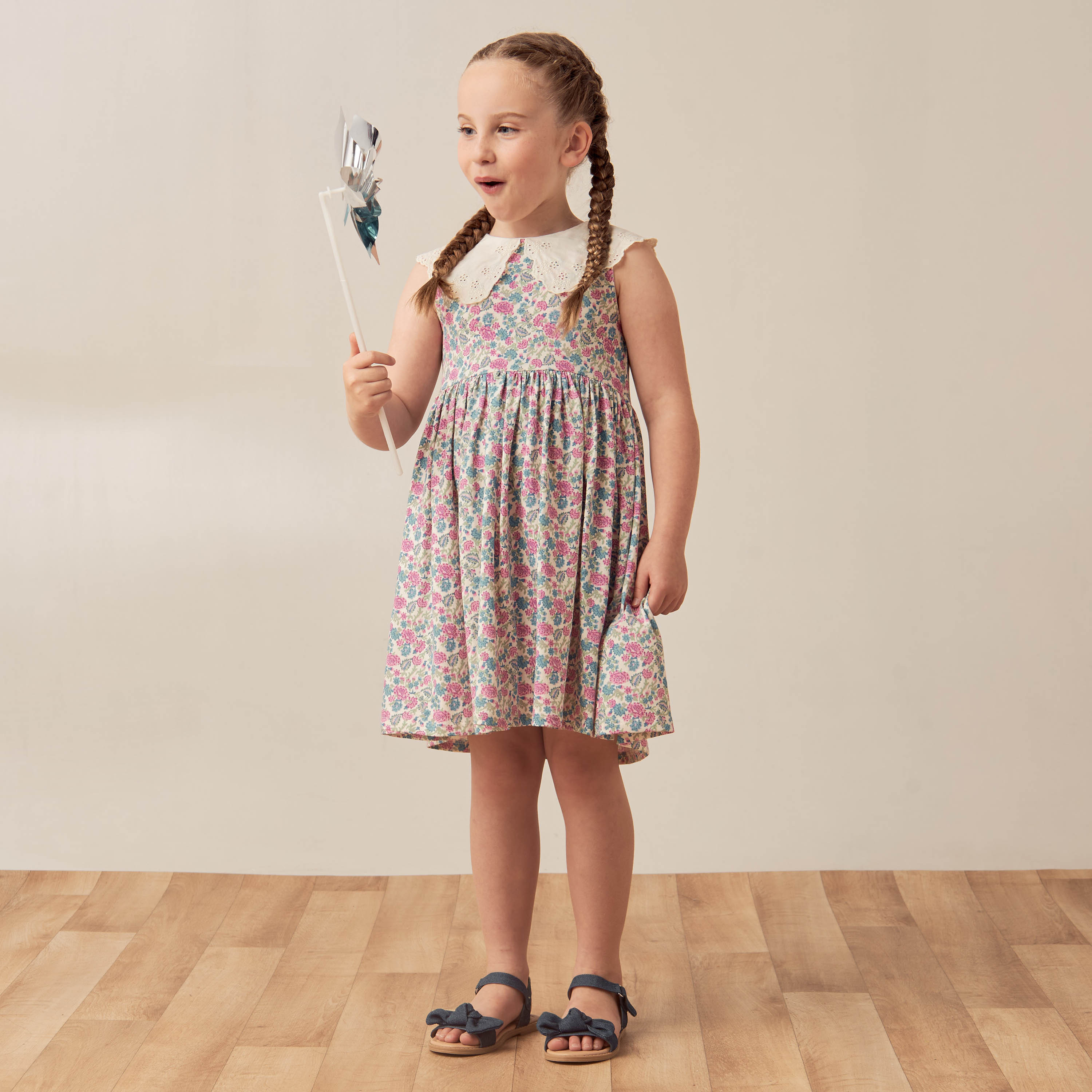 Juniors Floral Print Sleeveless Dress with Peter Pan Collar-girls-clothing-dressesandjumpsuits-image-1