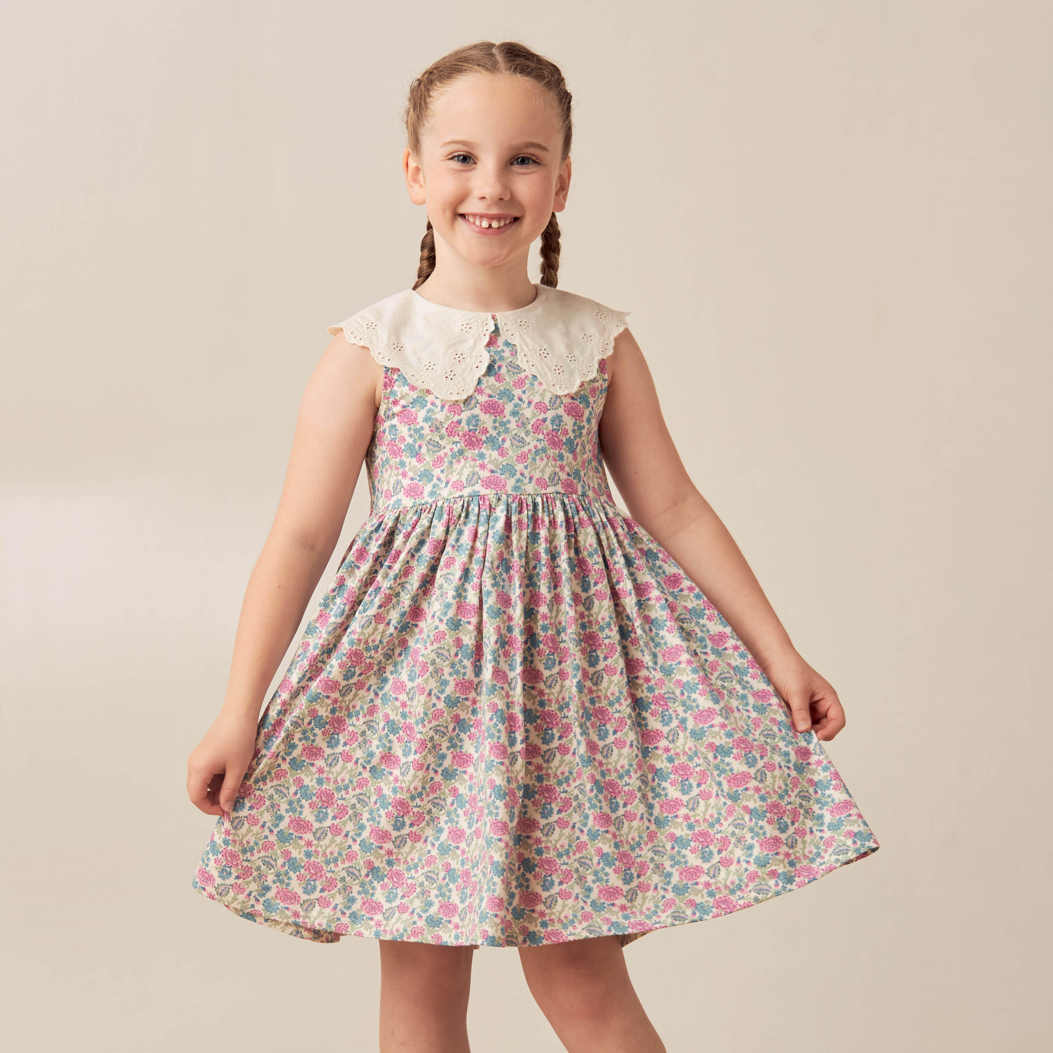 Juniors Floral Print Sleeveless Dress with Peter Pan Collar-girls-clothing-dressesandjumpsuits-image-2