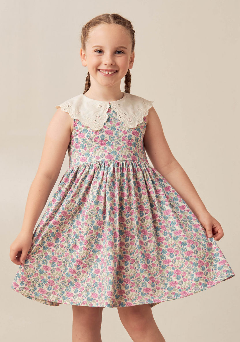 Juniors Floral Print Sleeveless Dress with Peter Pan Collar-Dresses%2C Gowns and Frocks-image-1