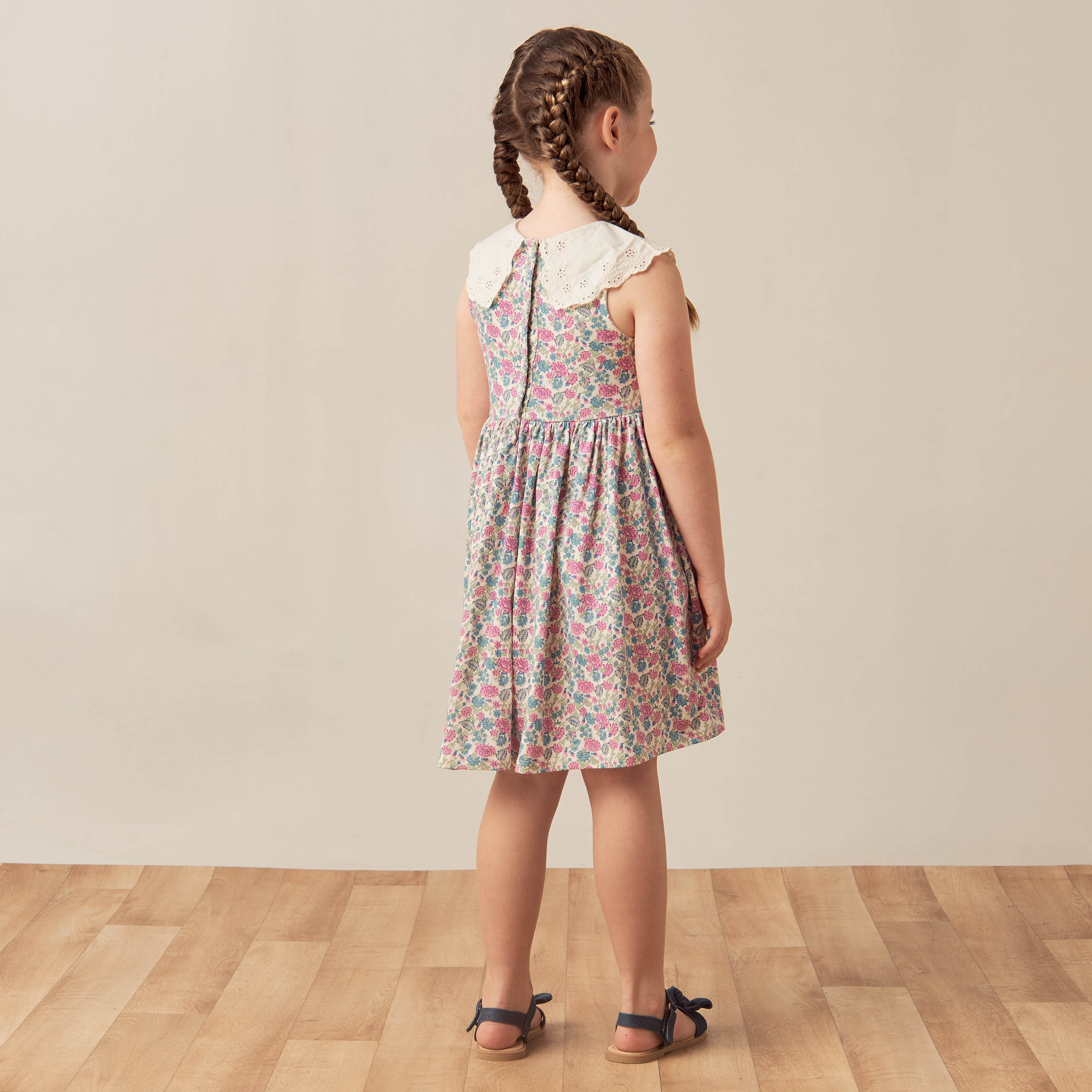 Juniors Floral Print Sleeveless Dress with Peter Pan Collar-girls-clothing-dressesandjumpsuits-image-4