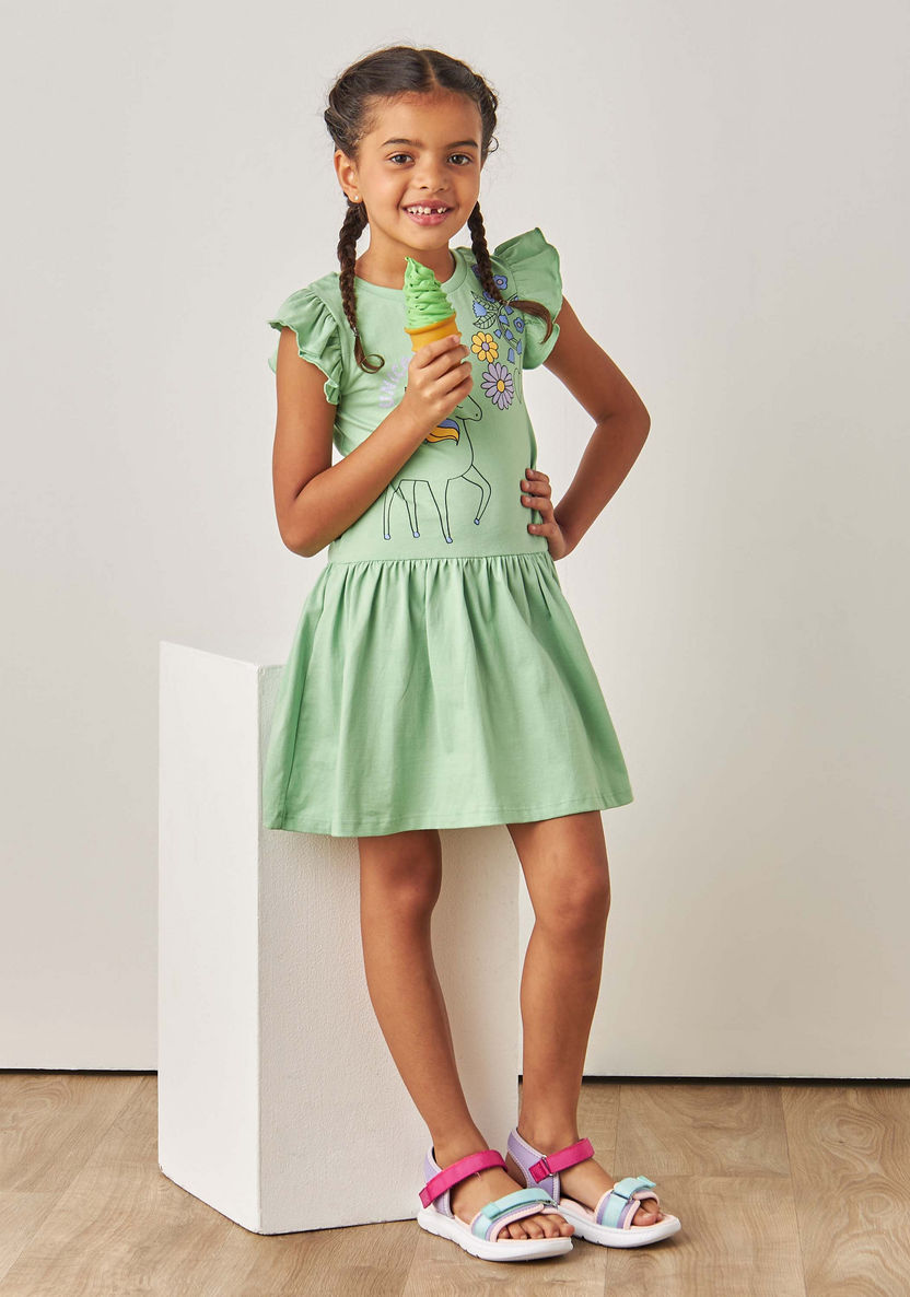 Juniors Unicorn Print A-line Dress with Ruffled Sleeves-Dresses%2C Gowns and Frocks-image-0