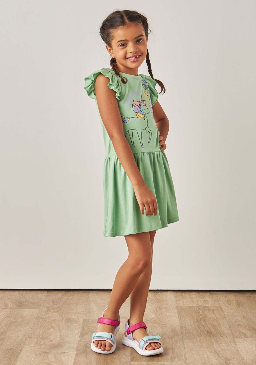 Juniors Unicorn Print A-line Dress with Ruffled Sleeves-Dresses%2C Gowns and Frocks-image-1