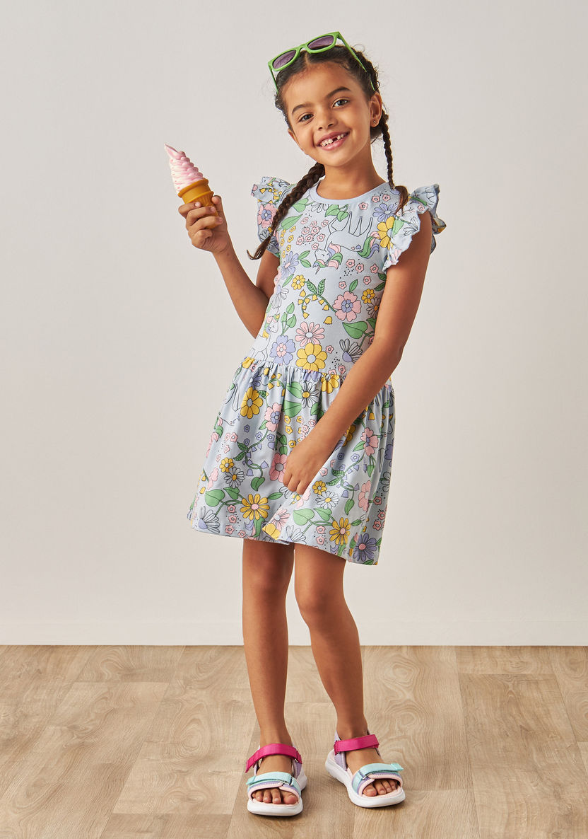 Juniors All-Over Unicorn Print A-line Dress with Ruffled Sleeves-Dresses%2C Gowns and Frocks-image-0