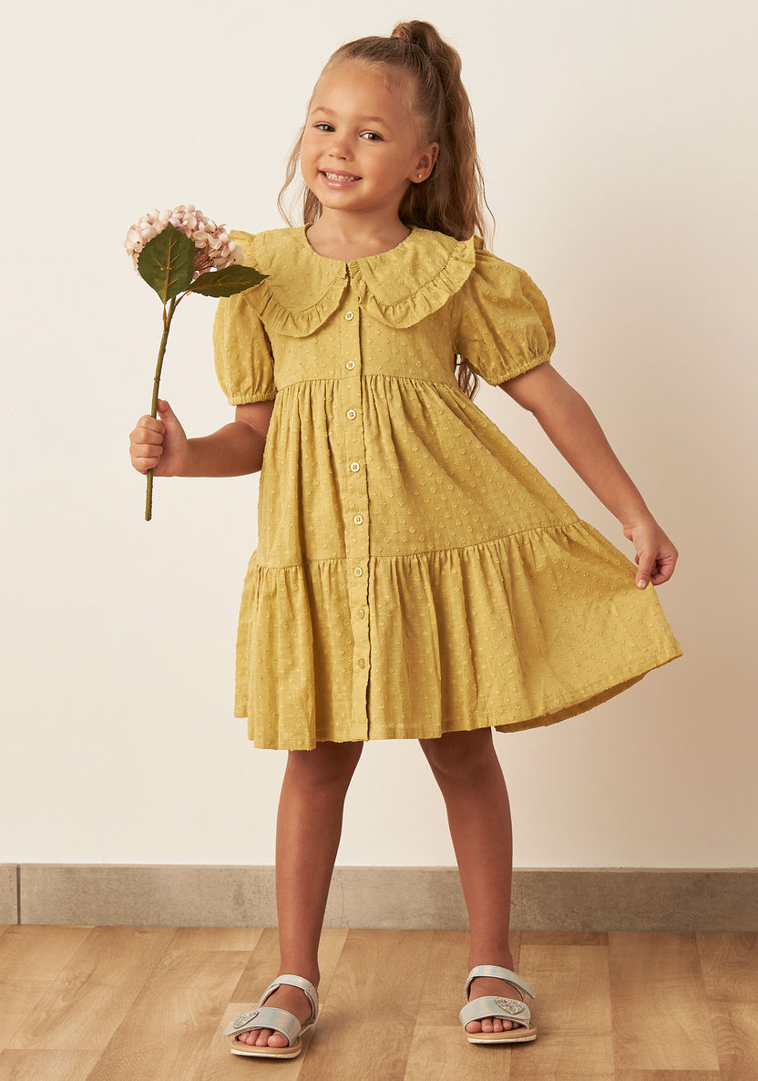 Juniors Textured Peter Pan Collar Dress with Puff Sleeves-Dresses%2C Gowns and Frocks-image-0