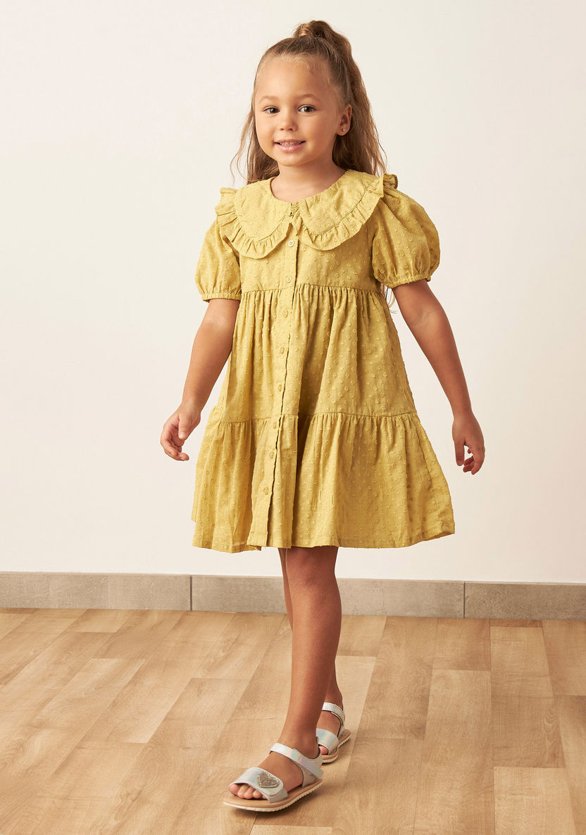 Juniors Textured Peter Pan Collar Dress with Puff Sleeves-Dresses%2C Gowns and Frocks-image-1