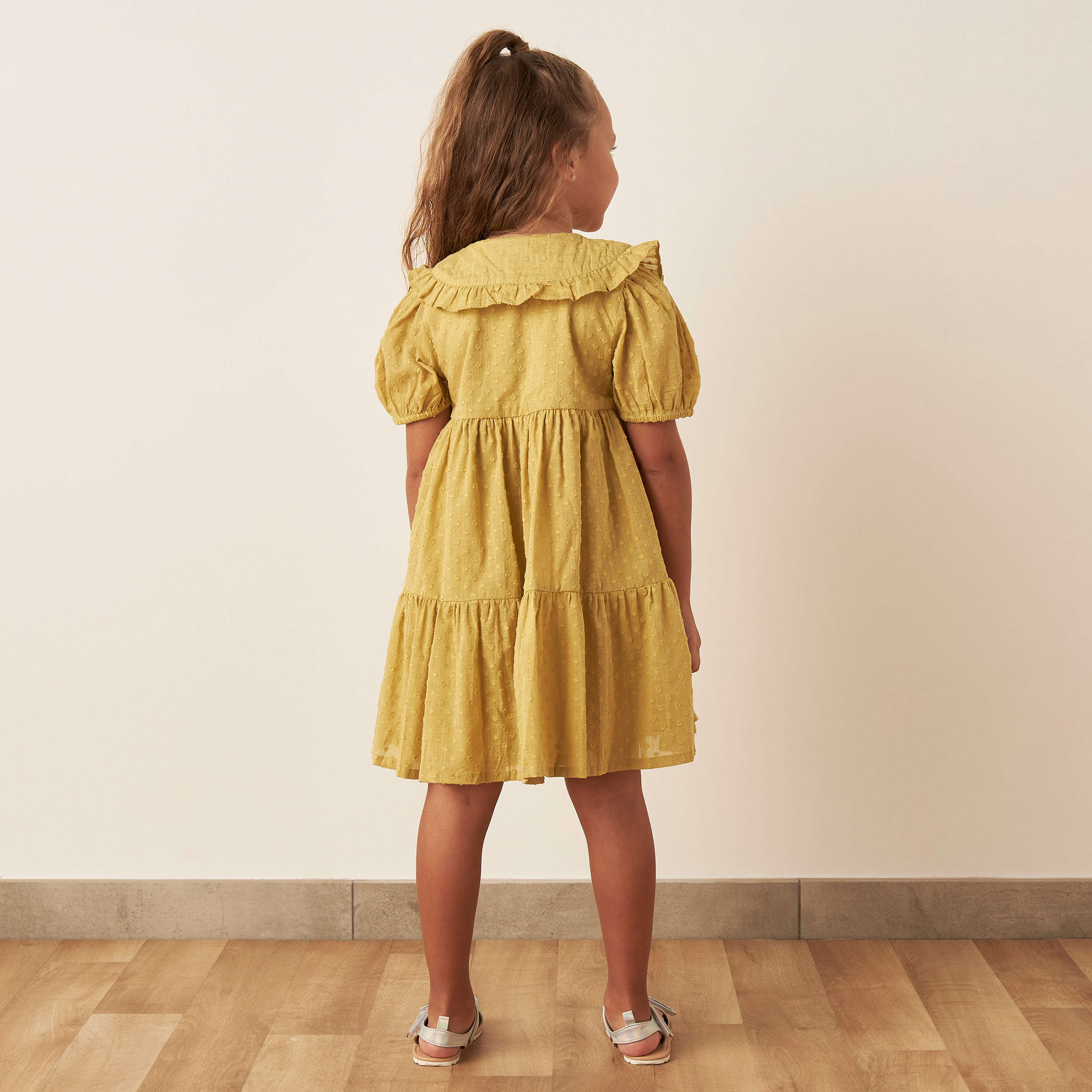 Juniors Textured Peter Pan Collar Dress with Puff Sleeves-girls-clothing-dressesandjumpsuits-image-4
