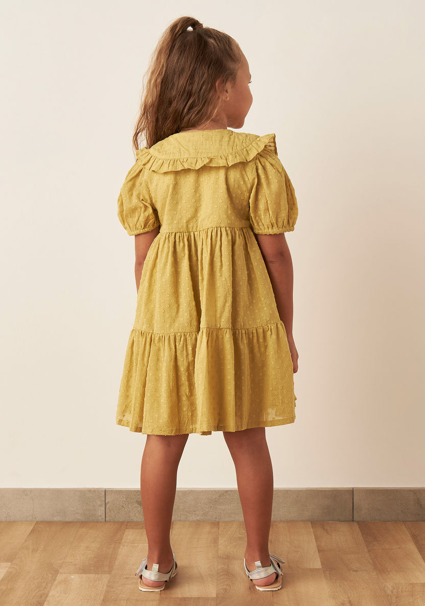 Juniors Textured Peter Pan Collar Dress with Puff Sleeves-Dresses%2C Gowns and Frocks-image-3