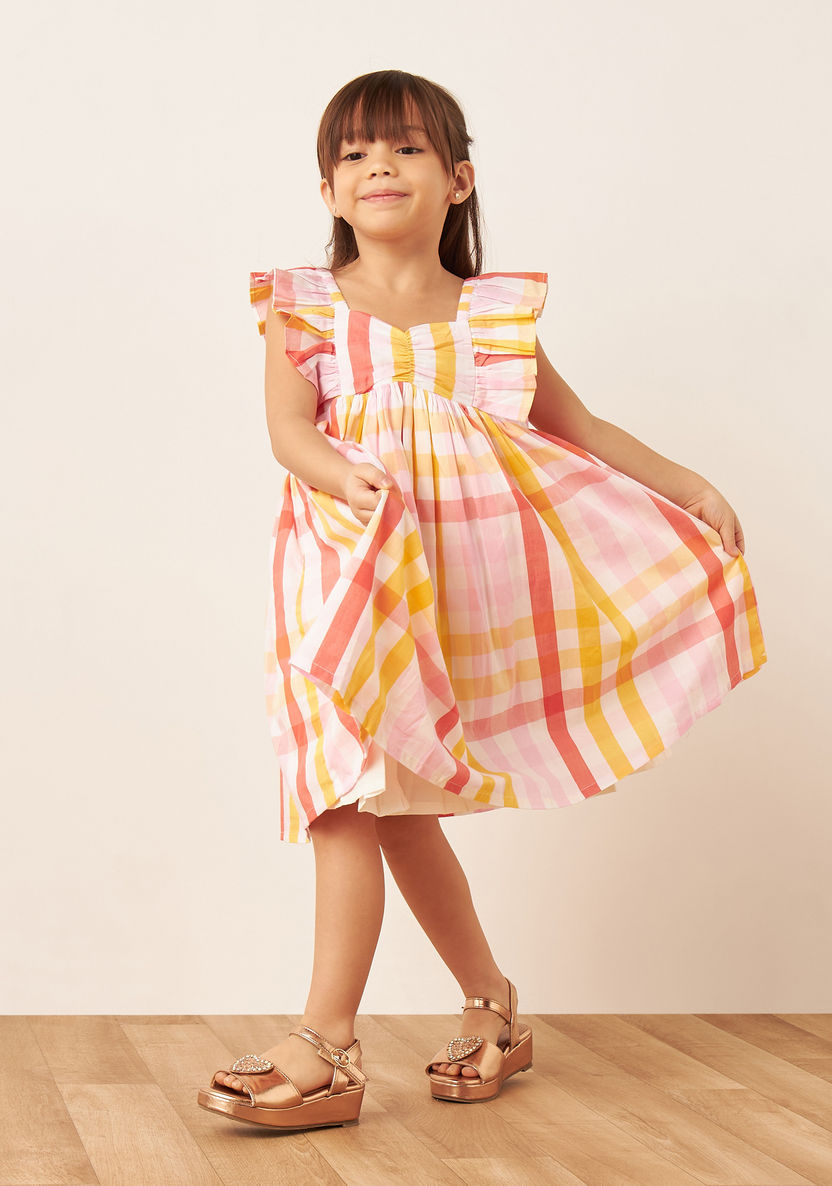 Juniors Checked Sleeveless Fit and Flare Dress with Ruffles-Dresses%2C Gowns and Frocks-image-0