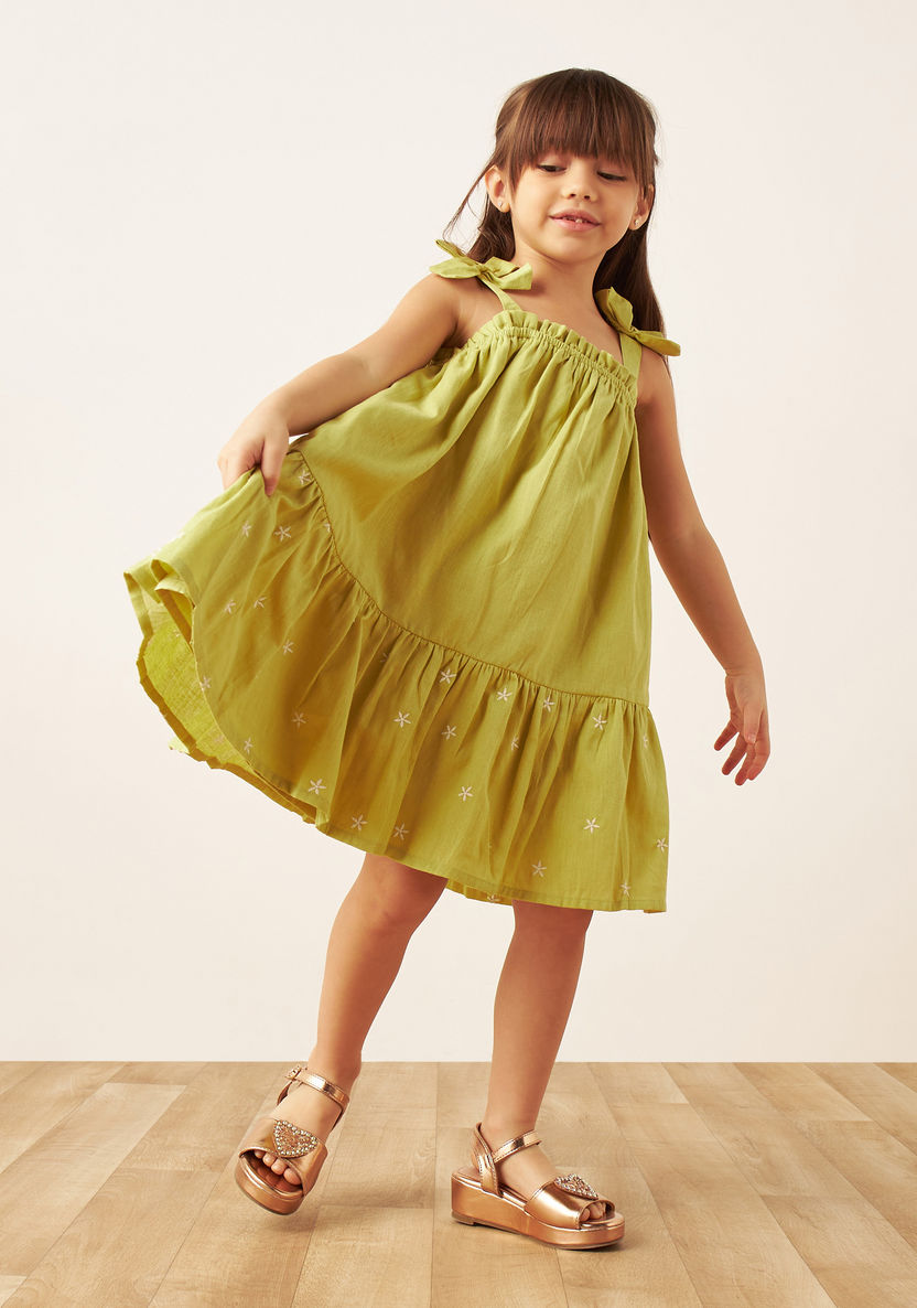 Juniors Embroidered Sleeveless Dress with Bow Accent-Dresses%2C Gowns and Frocks-image-0