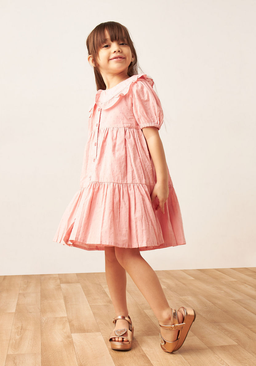Juniors Textured Dress with Peter Pan Collar and Puff Sleeves-Dresses%2C Gowns and Frocks-image-0