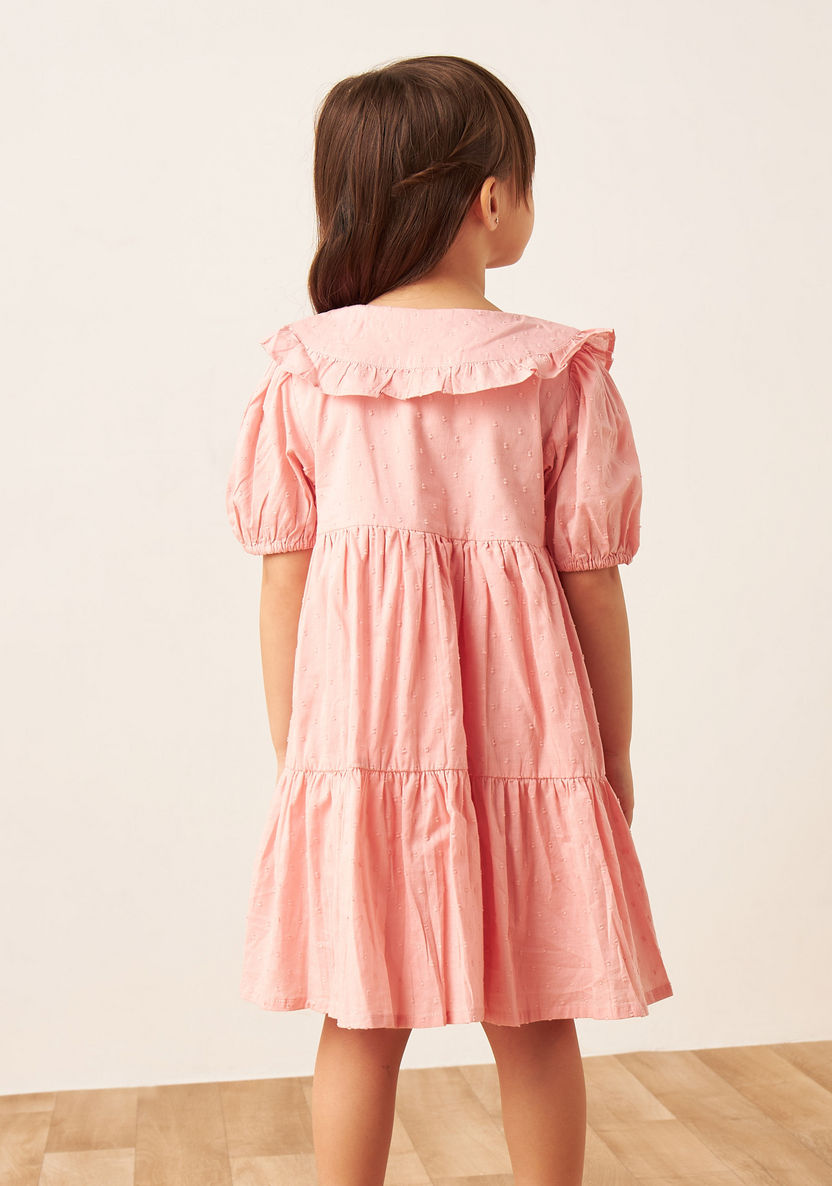 Juniors Textured Dress with Peter Pan Collar and Puff Sleeves-Dresses%2C Gowns and Frocks-image-3