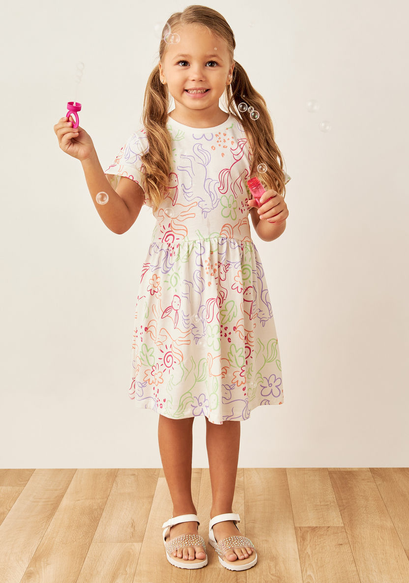 Juniors All-Over Print Dress with Round Neck and Short Sleeves-Dresses%2C Gowns and Frocks-image-0