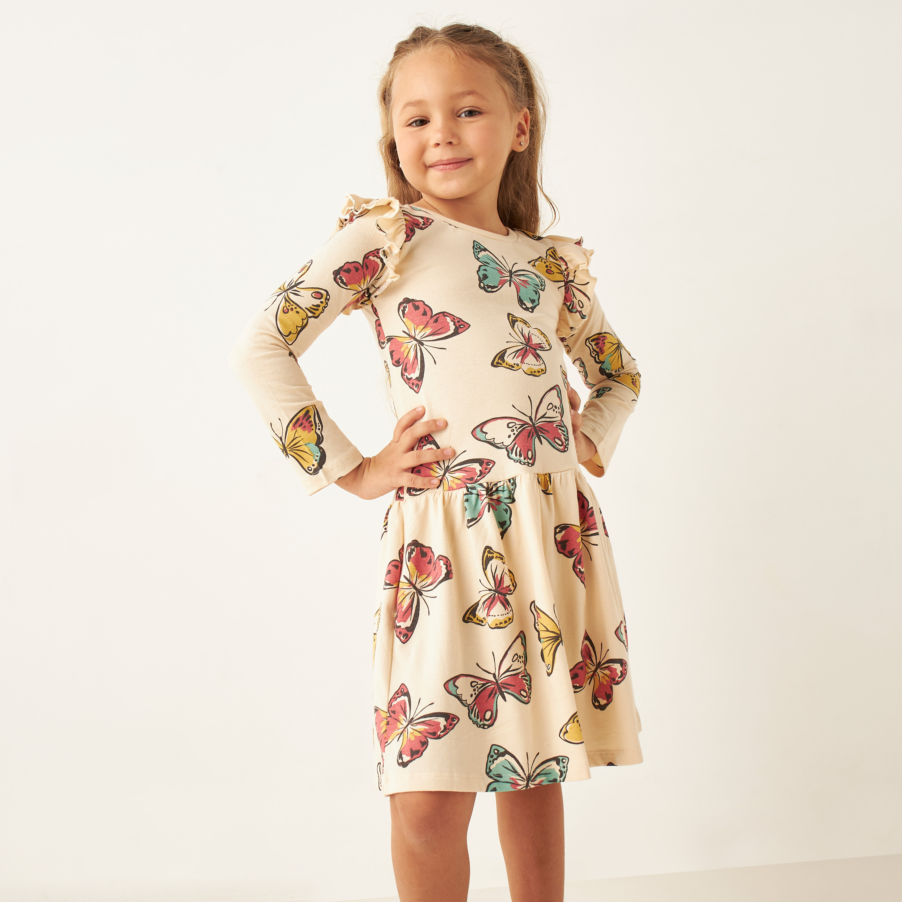 Buy Juniors All Over Butterfly Print Cotton Dress with Long Sleeves Online Mothercare Bahrain