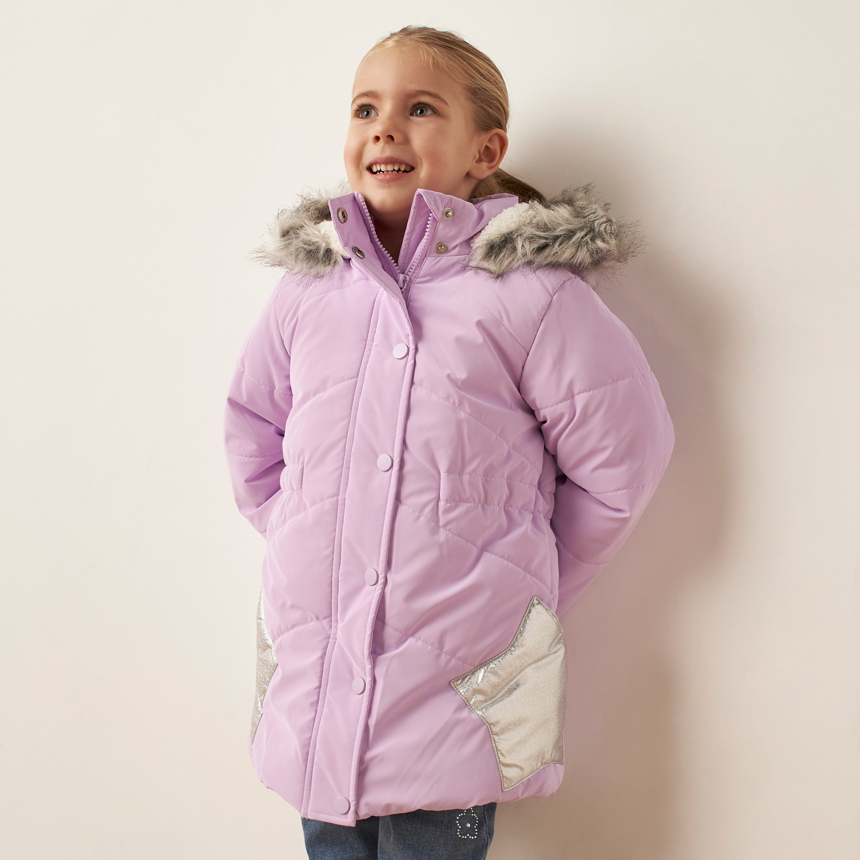 Buy Juniors Solid Quilted Jacket with Faux Fur Hood and Button