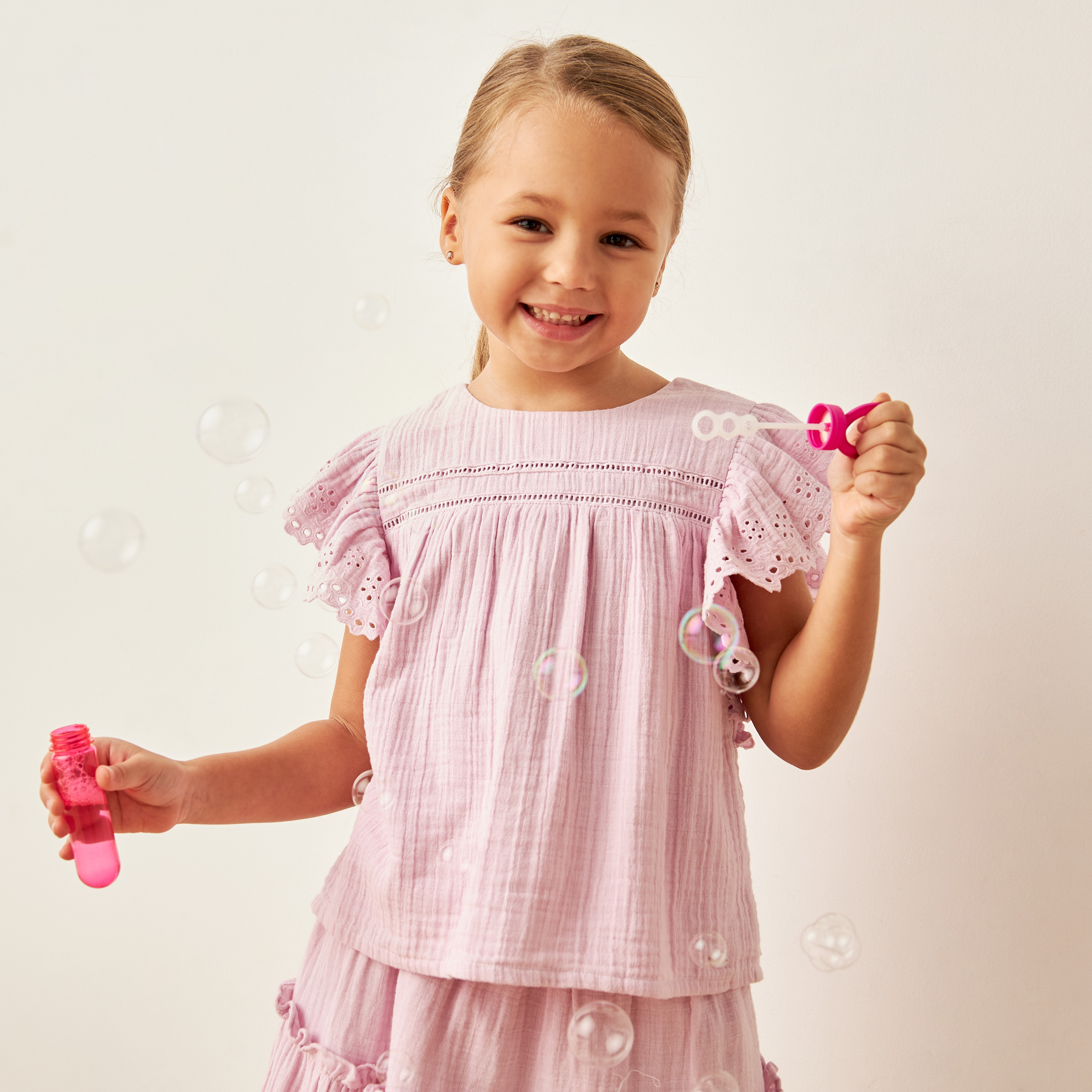 Eligo Textured A-line Top with Schiffli Sleeves and Button Closure-girls-clothing-blousesandshirts-image-1