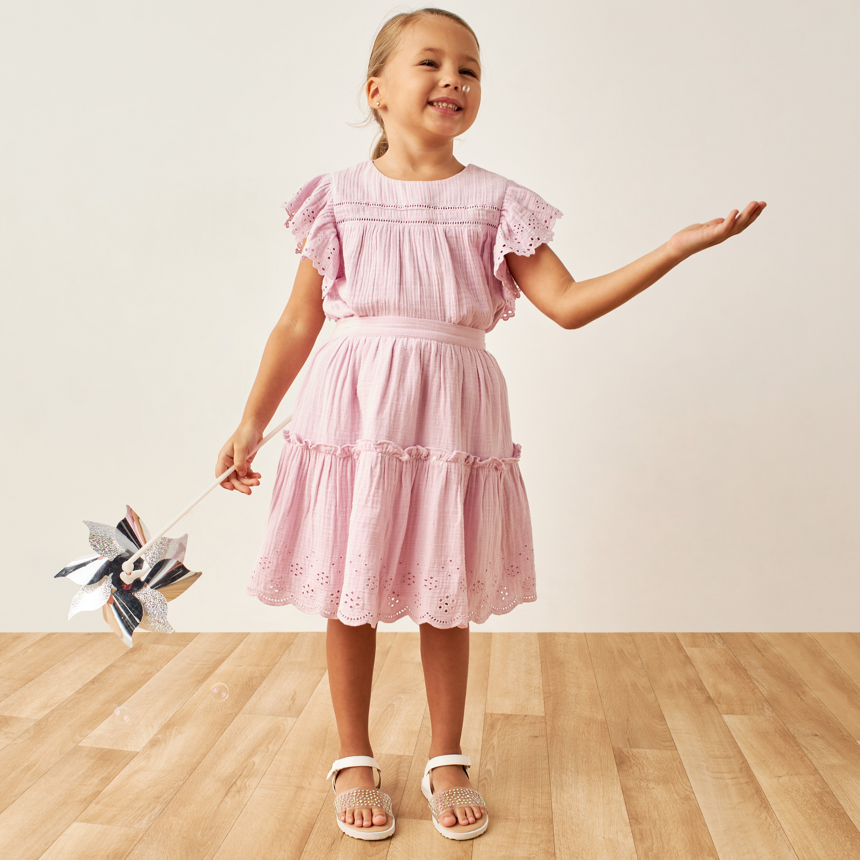 Eligo Textured A-line Top with Schiffli Sleeves and Button Closure-girls-clothing-blousesandshirts-image-2