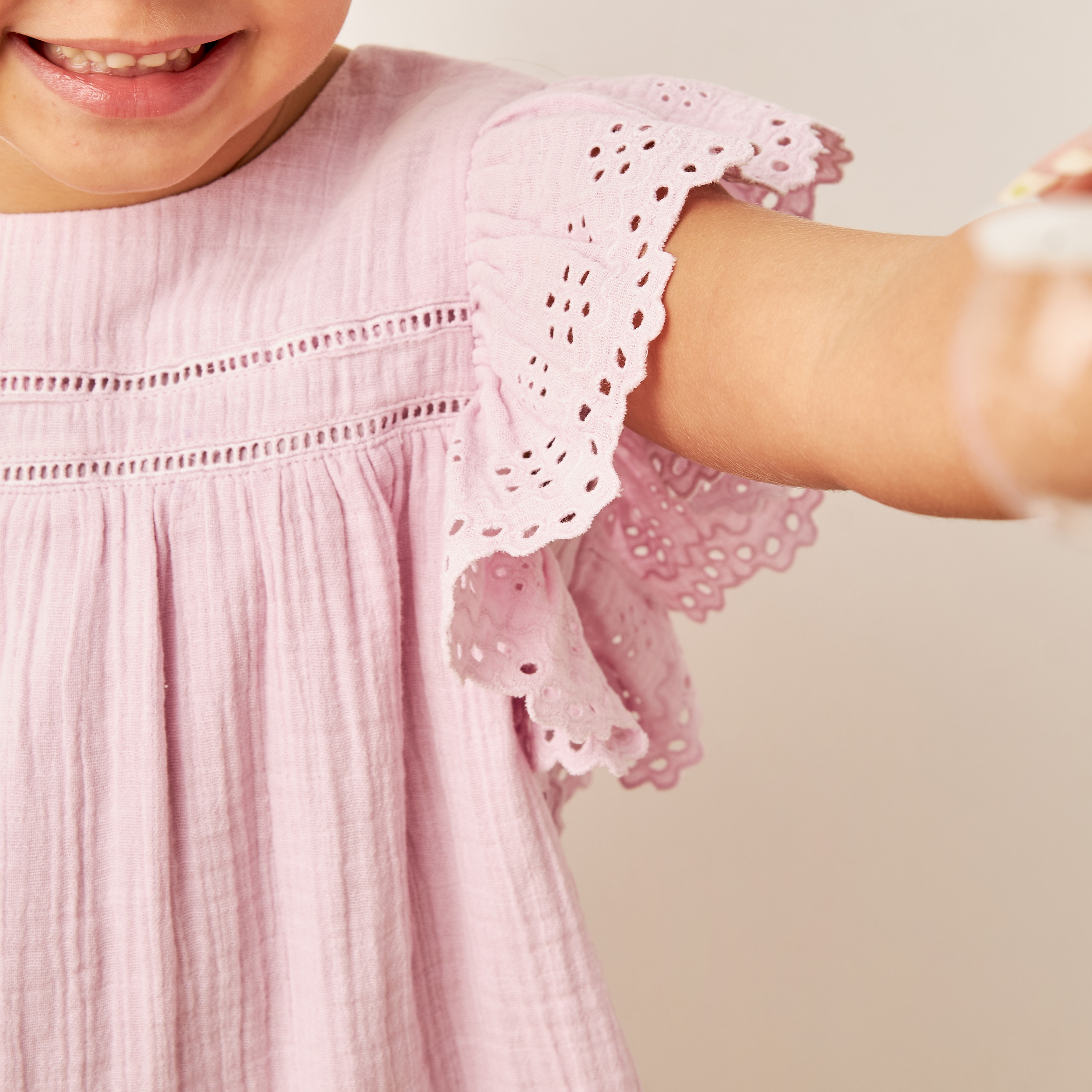Eligo Textured A-line Top with Schiffli Sleeves and Button Closure-girls-clothing-blousesandshirts-image-3