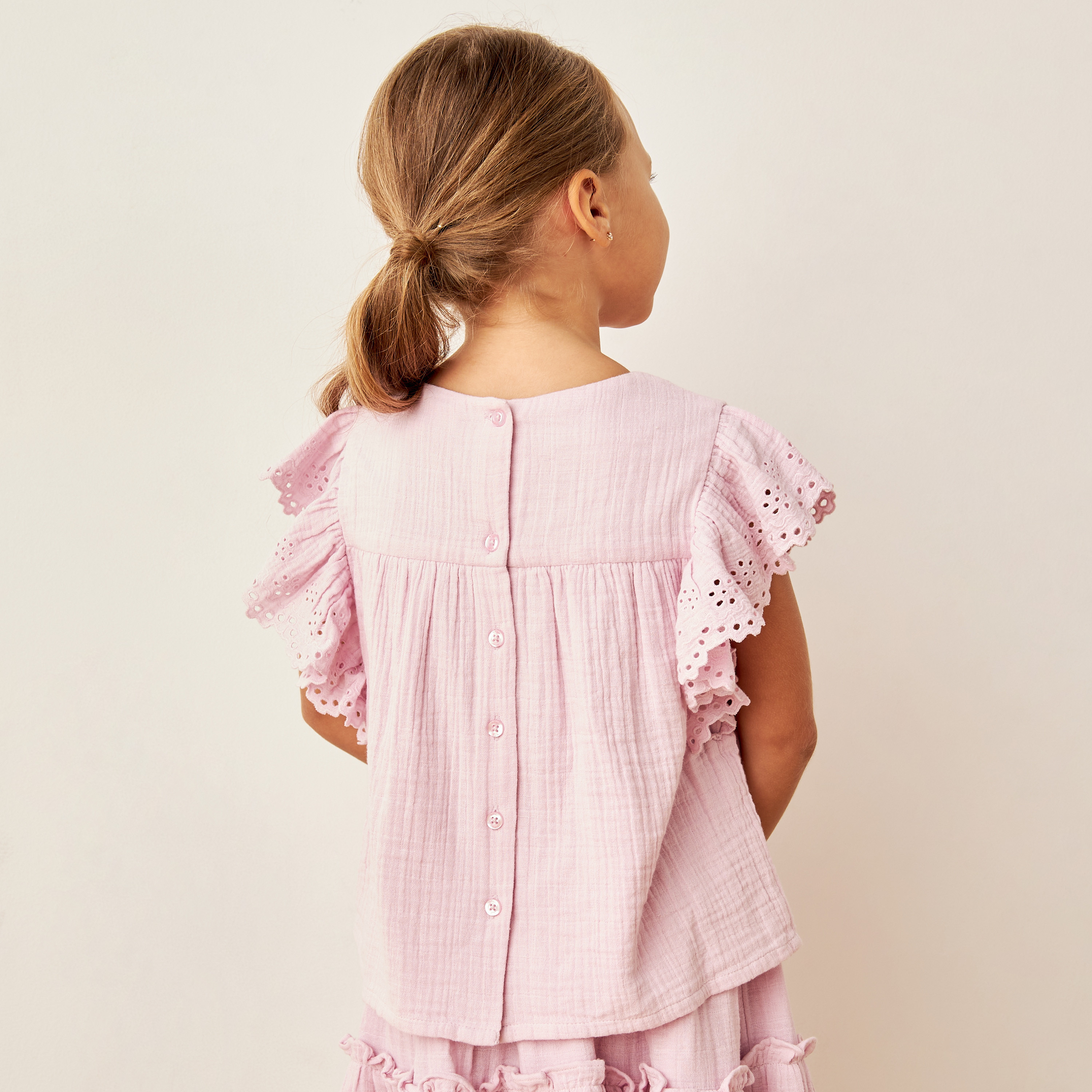 Eligo Textured A-line Top with Schiffli Sleeves and Button Closure-girls-clothing-blousesandshirts-image-4