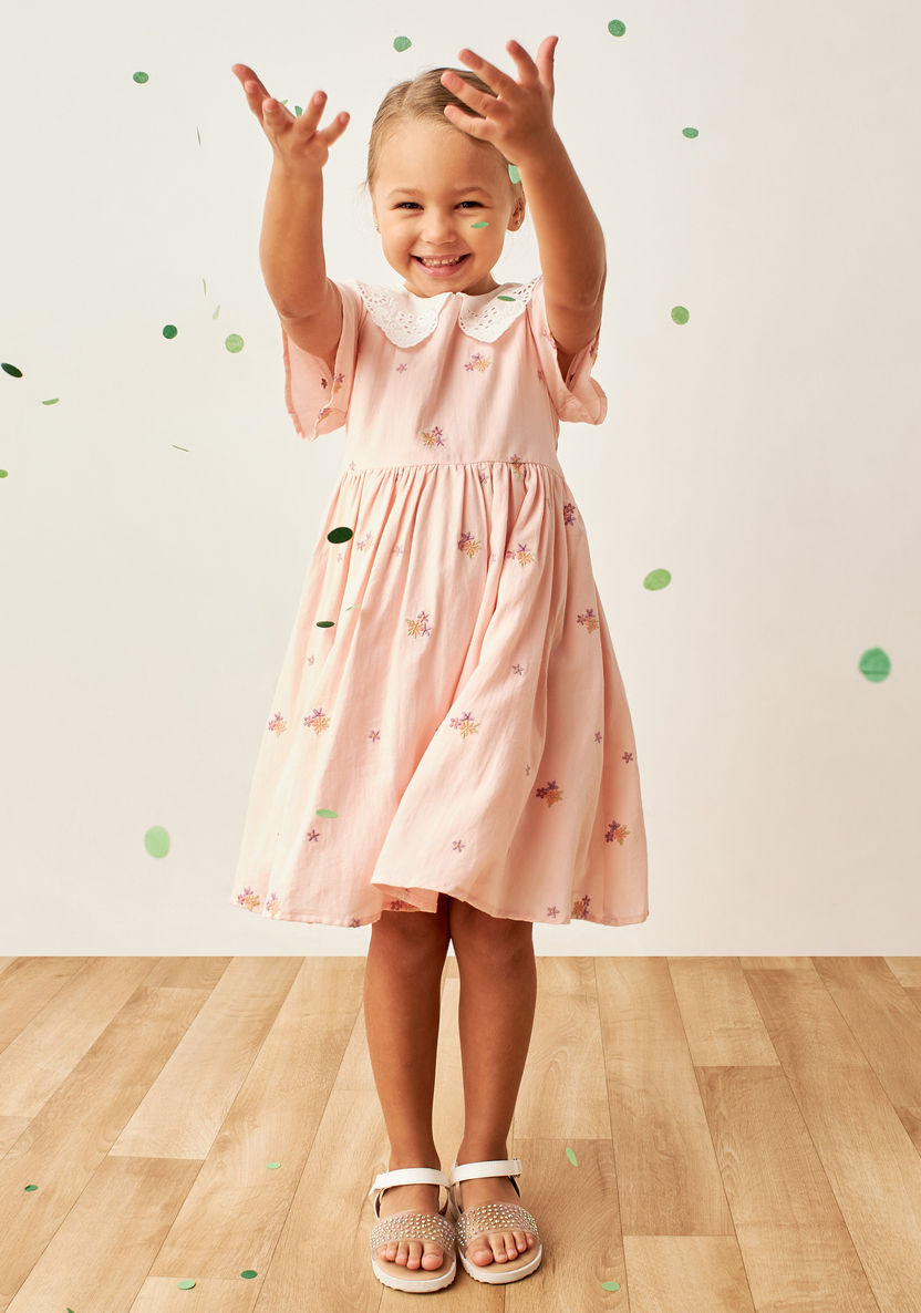 Eligo Floral Embroidered A-line Dress with Peter Pan Collar and Short Sleeves-Dresses%2C Gowns and Frocks-image-0