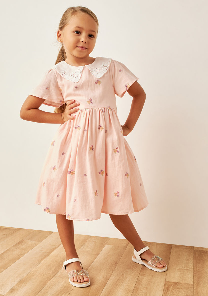 Eligo Floral Embroidered A-line Dress with Peter Pan Collar and Short Sleeves-Dresses%2C Gowns and Frocks-image-1