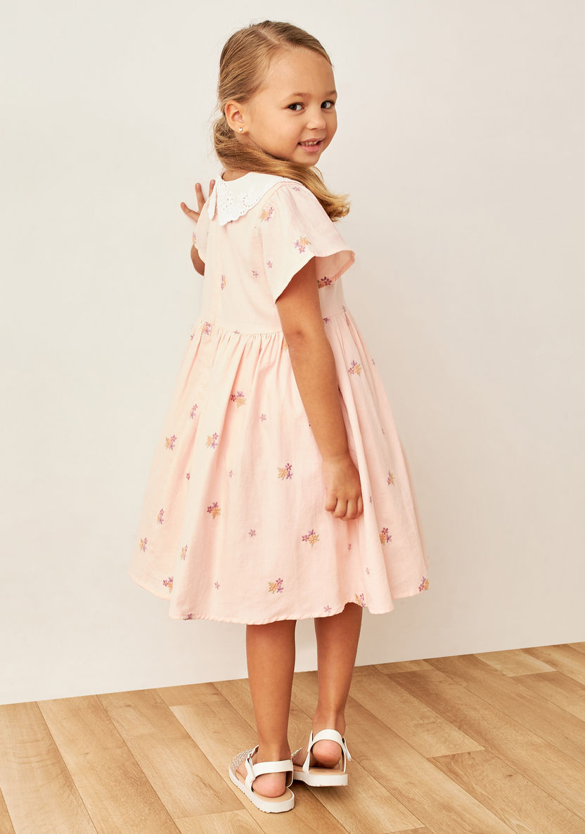 Eligo Floral Embroidered A-line Dress with Peter Pan Collar and Short Sleeves-Dresses%2C Gowns and Frocks-image-3