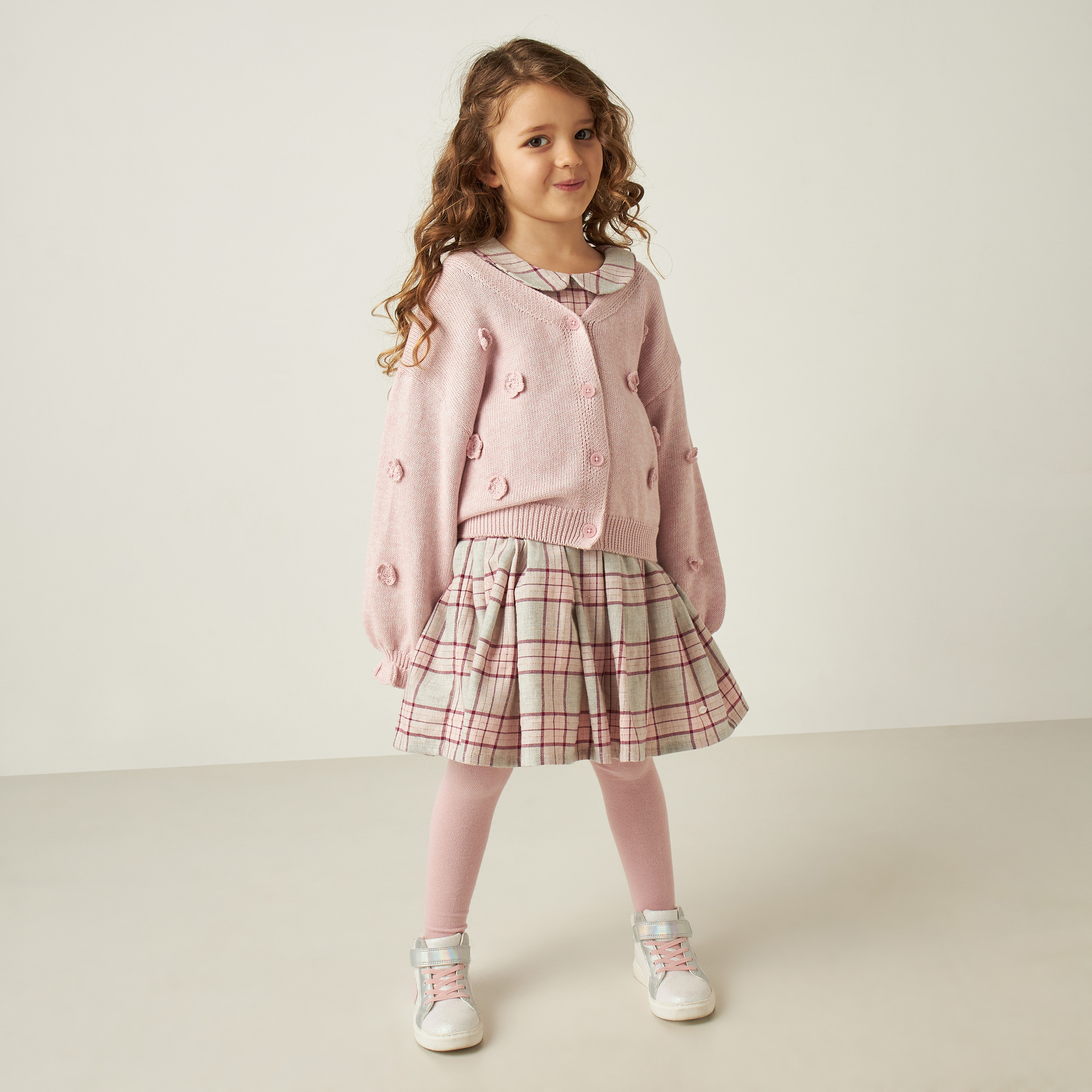 Eligo All-Over Checked A-line Dress with Leggings and Sweater-girls-clothing-dressesandjumpsuits-image-1