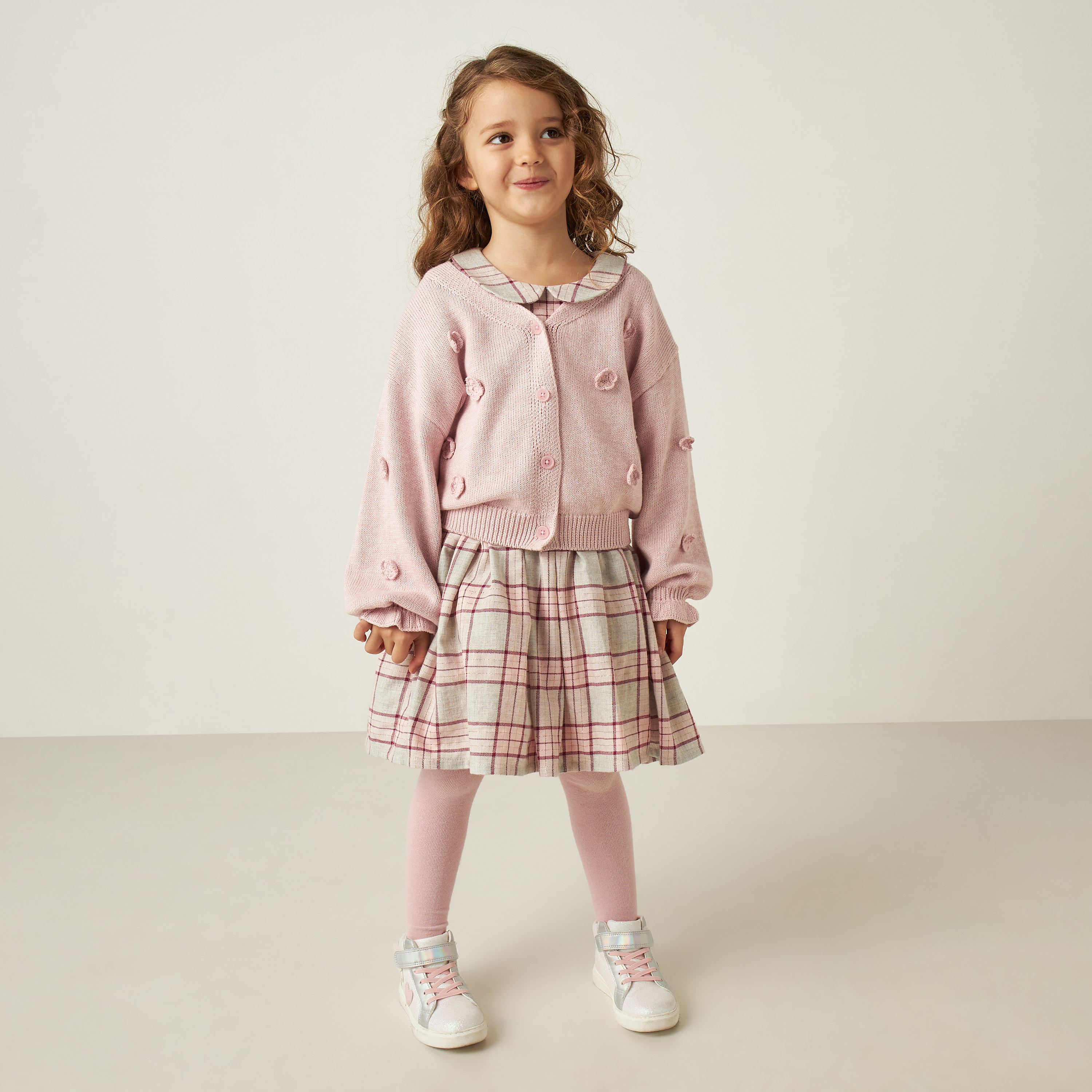 Eligo All-Over Checked A-line Dress with Leggings and Sweater-girls-clothing-dressesandjumpsuits-image-2