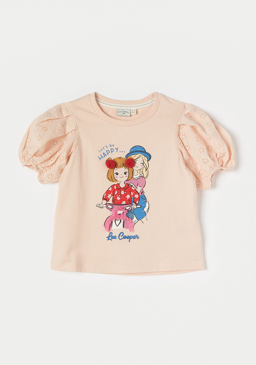 Lee Cooper Printed T-shirt with Schiffle Detail Puff Sleeves-T Shirts-image-0
