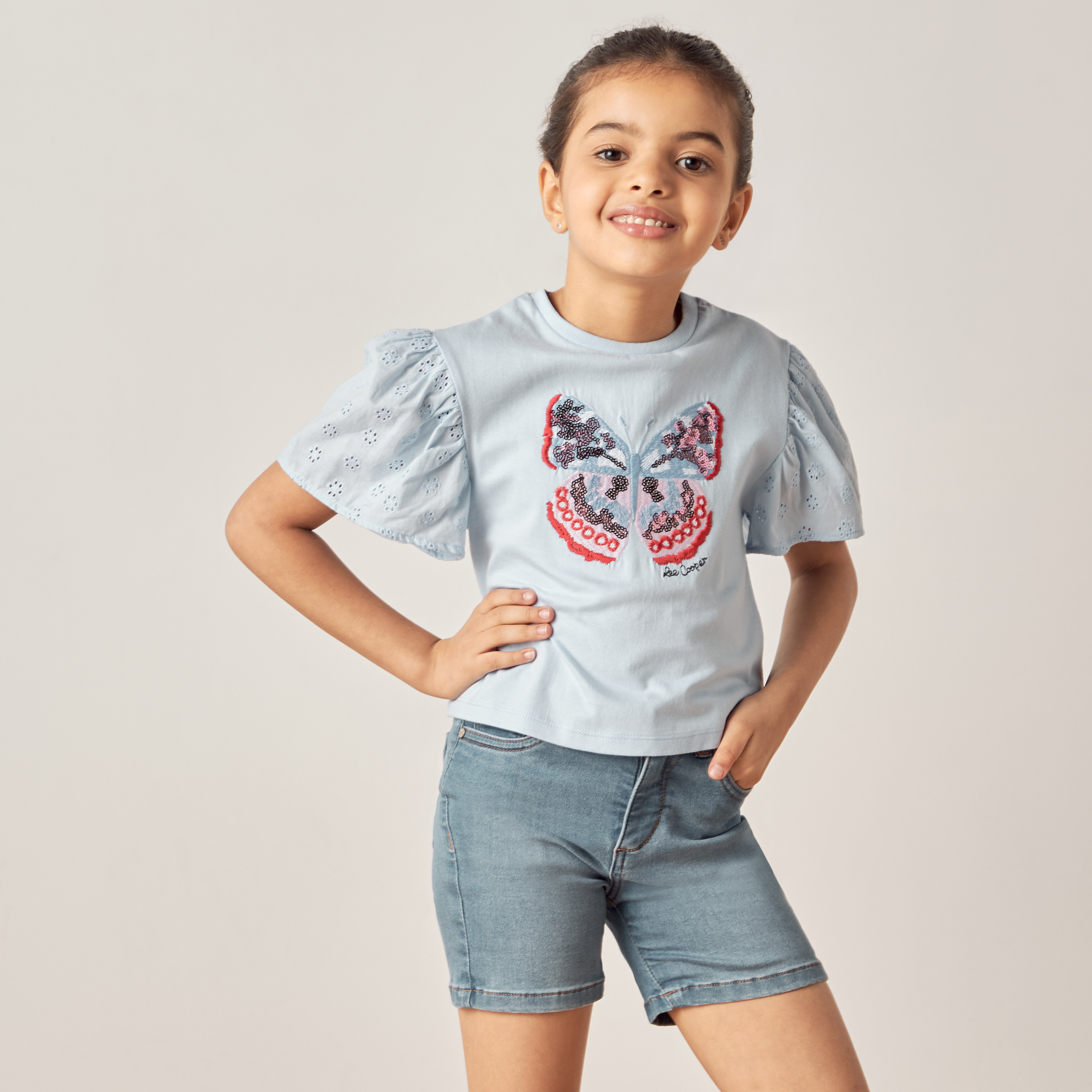 Lee Cooper Embellished T-shirt with Schiffli Detail Puff Sleeves-girls-clothing-tshirts-image-1