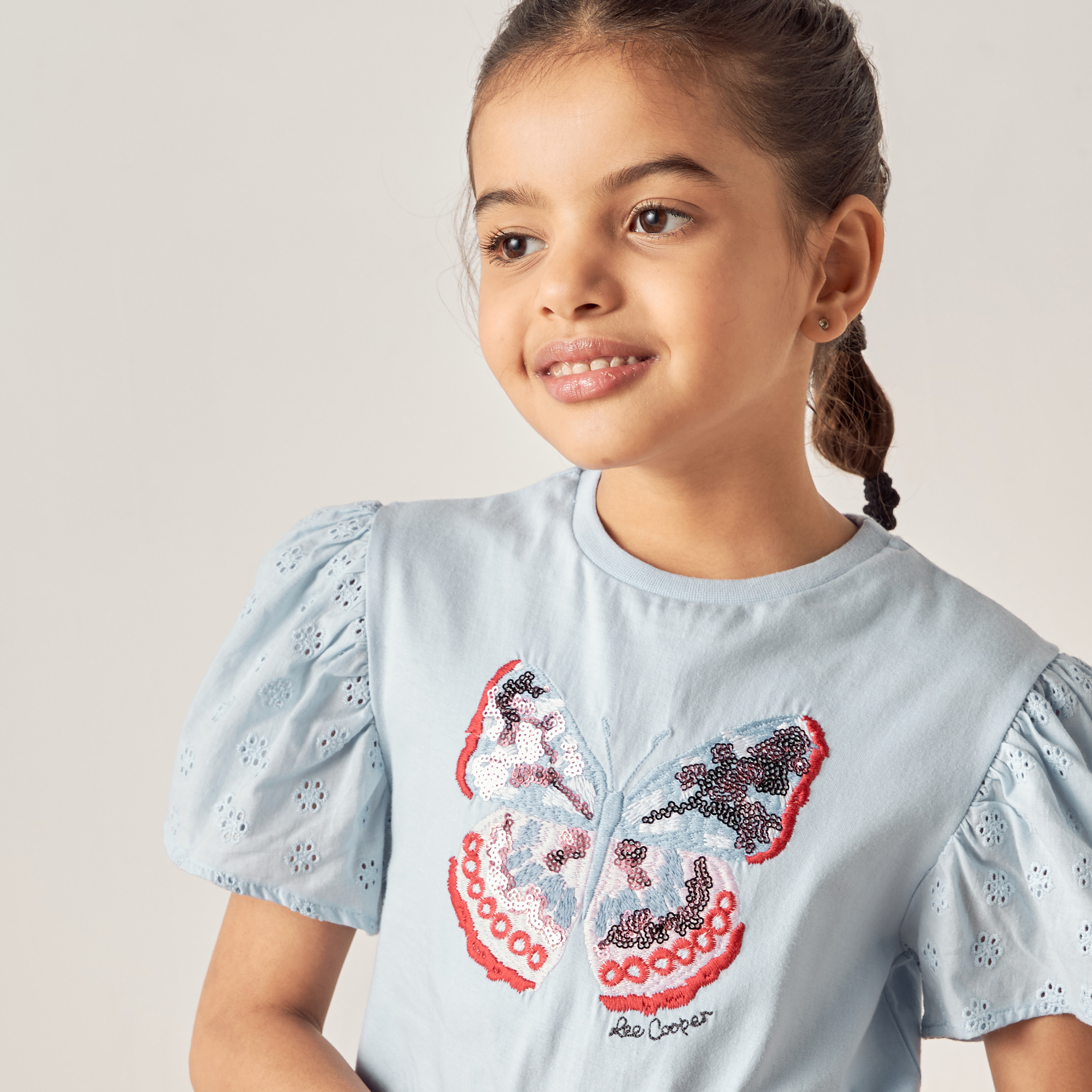Lee Cooper Embellished T-shirt with Schiffli Detail Puff Sleeves-girls-clothing-tshirts-image-3