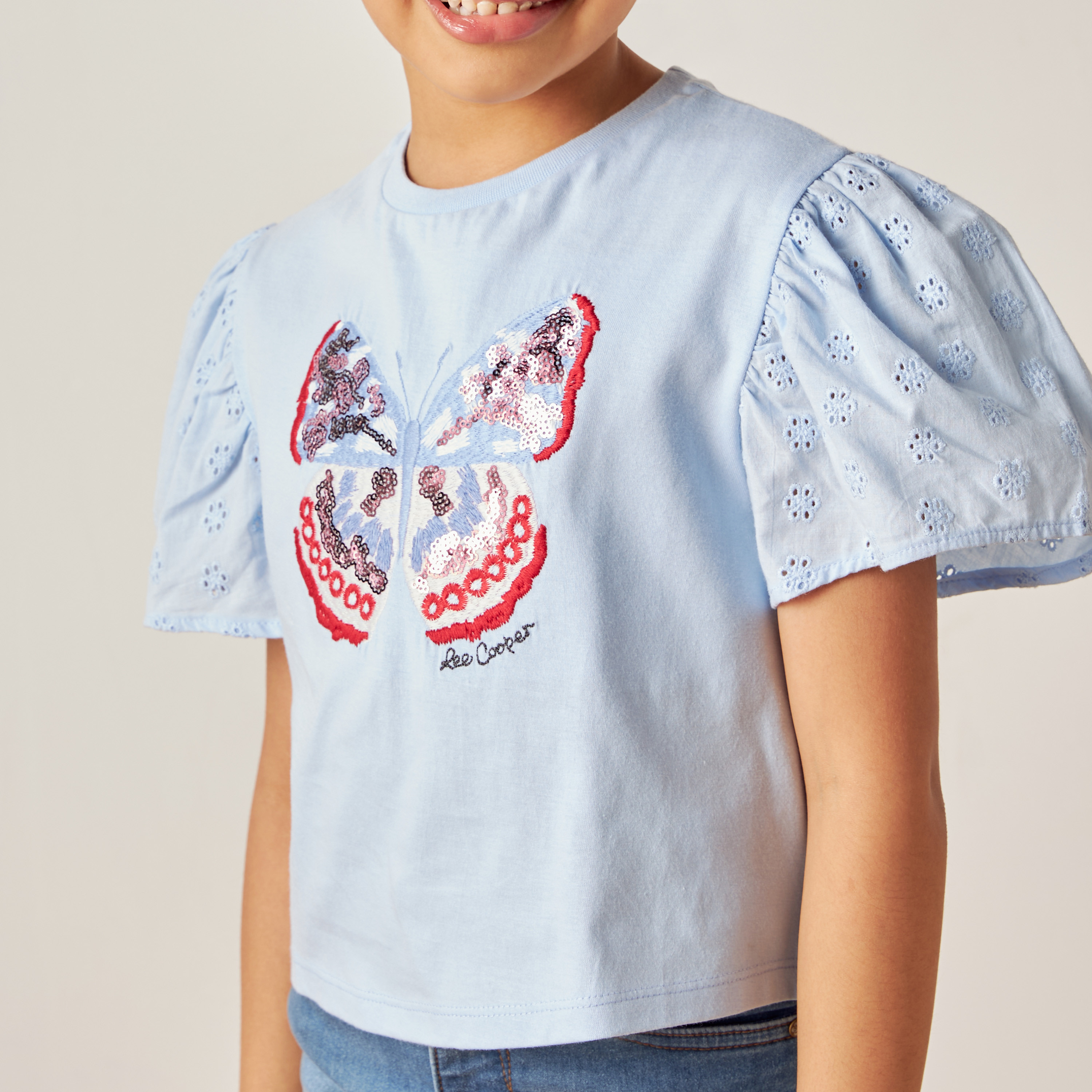 Lee Cooper Embellished T-shirt with Schiffli Detail Puff Sleeves-girls-clothing-tshirts-image-5