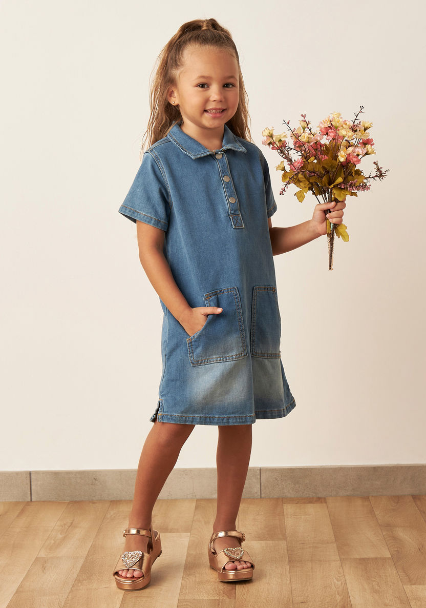 Lee Cooper Solid Denim Polo Dress with Short Sleeves-Dresses%2C Gowns and Frocks-image-0