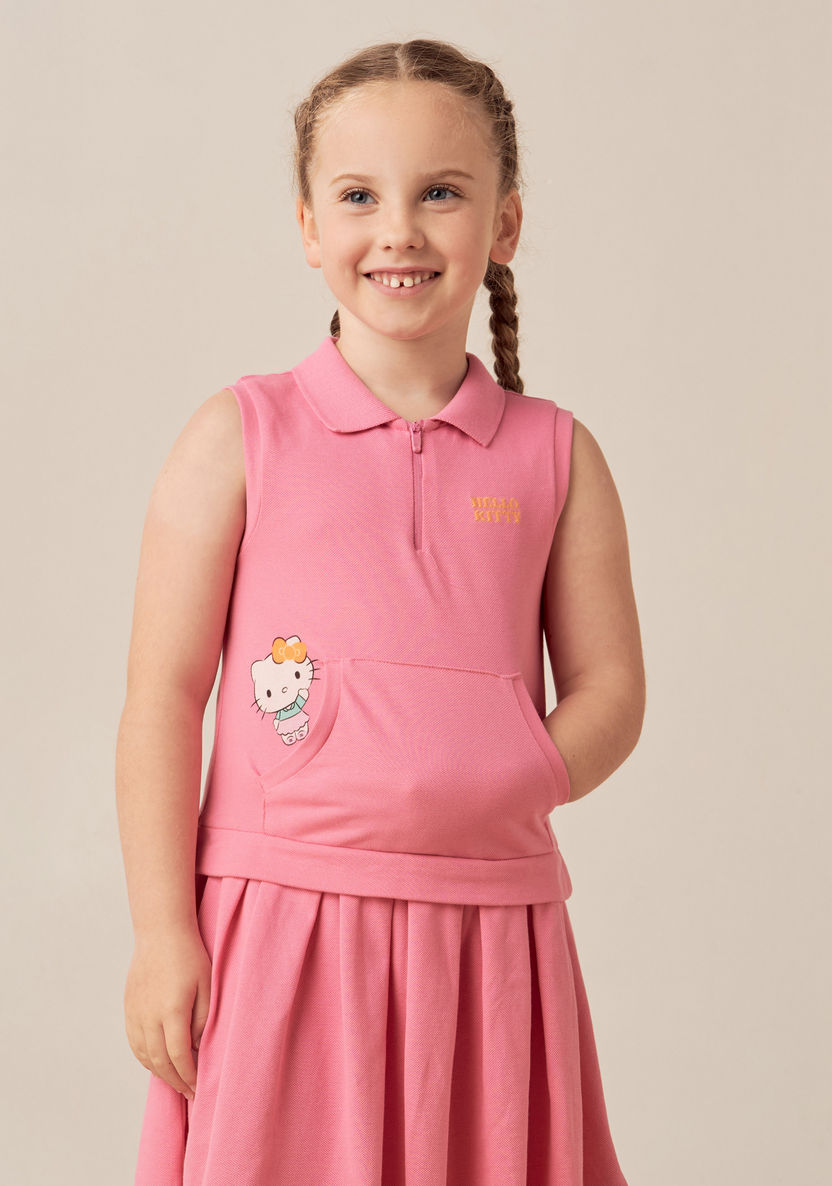 Sanrio Hello Kitty Print Sleeveless Dress with Polo Neck and Zip Closure-Dresses%2C Gowns and Frocks-image-1