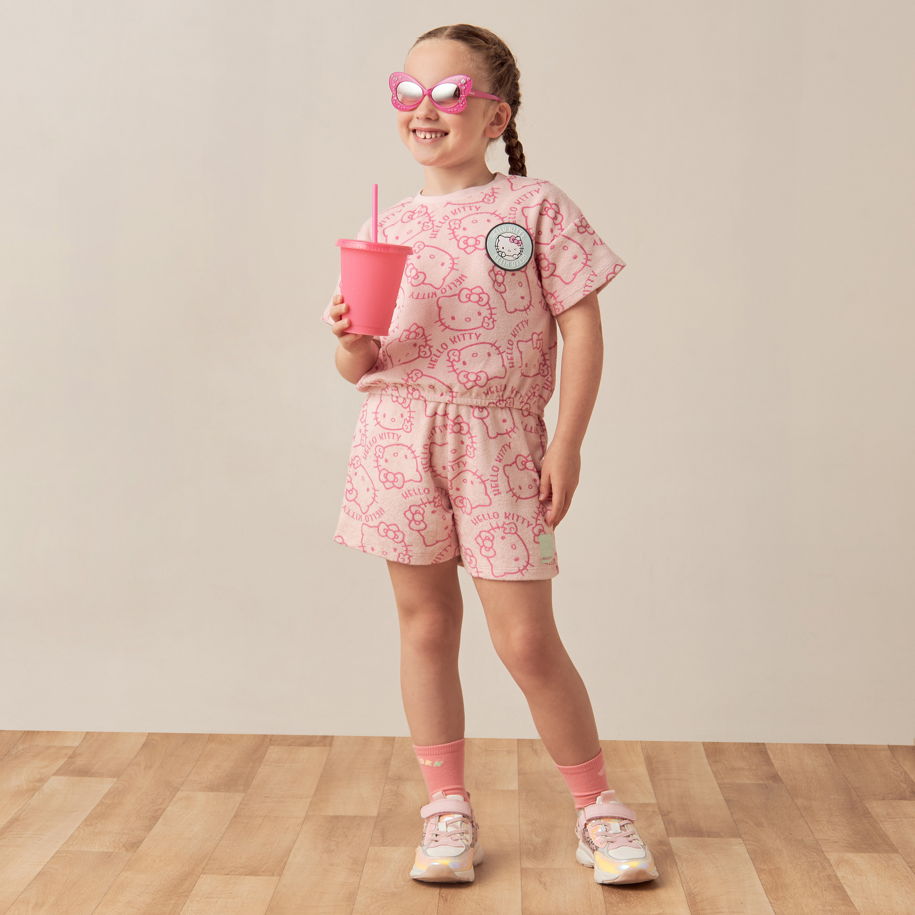 Sanrio Hello Kitty Print T-shirt and Shorts with Badge Detail-baby-girls-clothing-setsandcoords-image-1