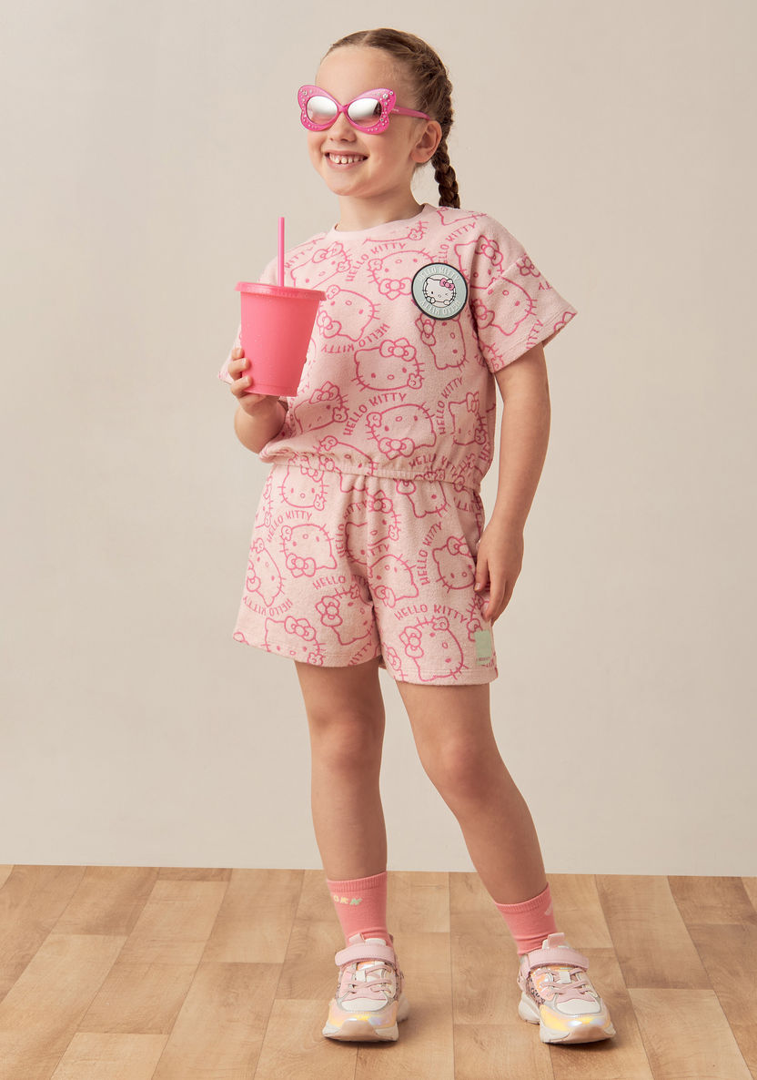 Sanrio Hello Kitty Print T-shirt and Shorts with Badge Detail-Clothes Sets-image-0