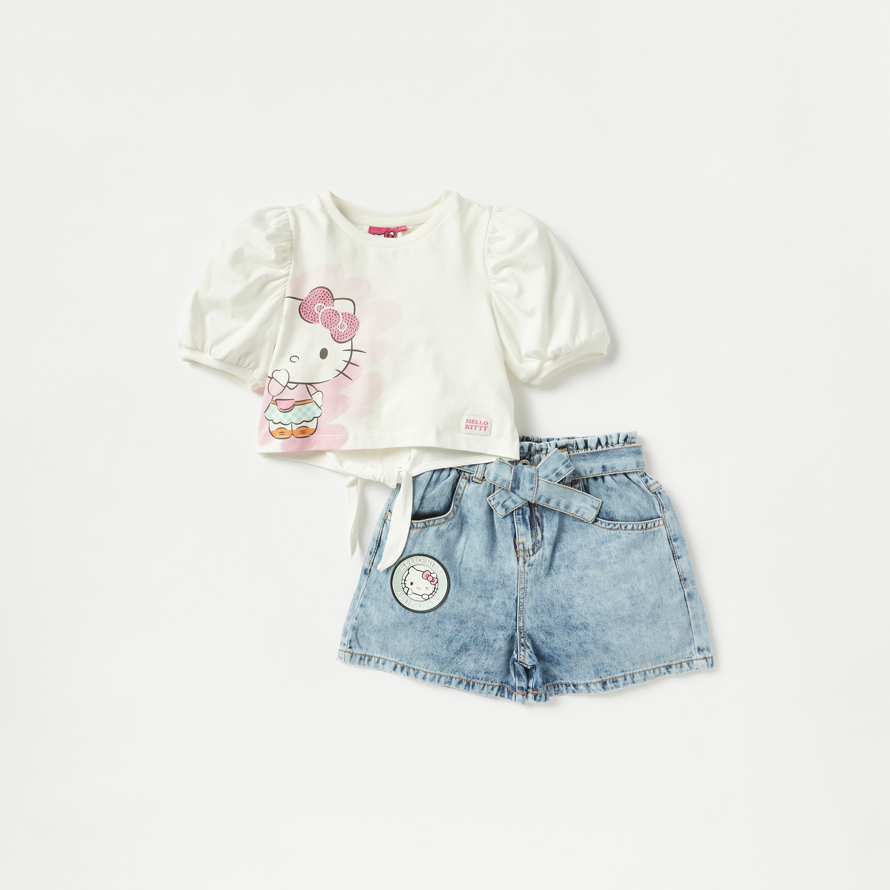 Sanrio Hello Kitty Print T-shirt and Denim Shorts Set-baby-girls-clothing-setsandcoords-image-1