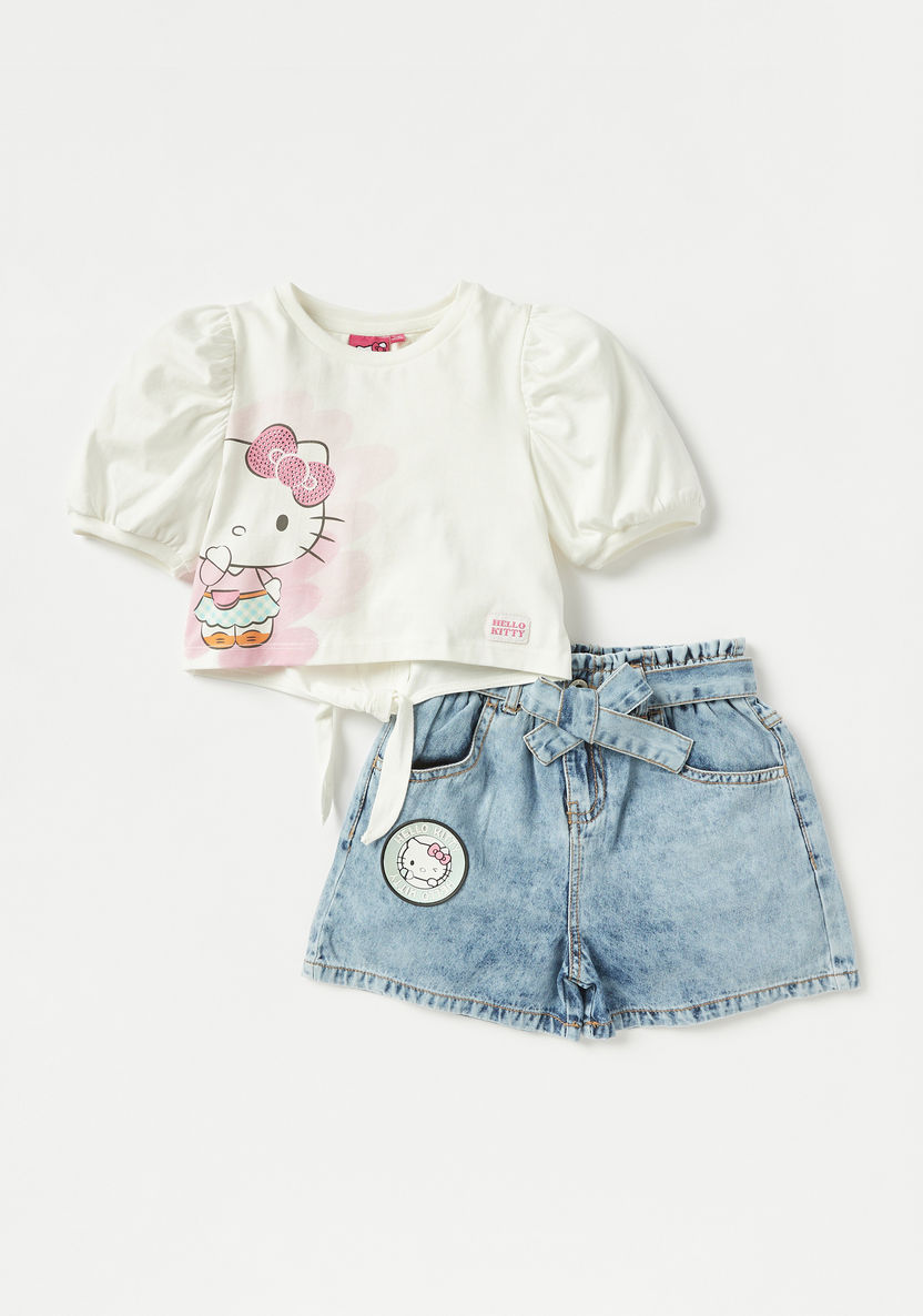 Sanrio Hello Kitty Print T-shirt and Denim Shorts Set-Clothes Sets-image-0