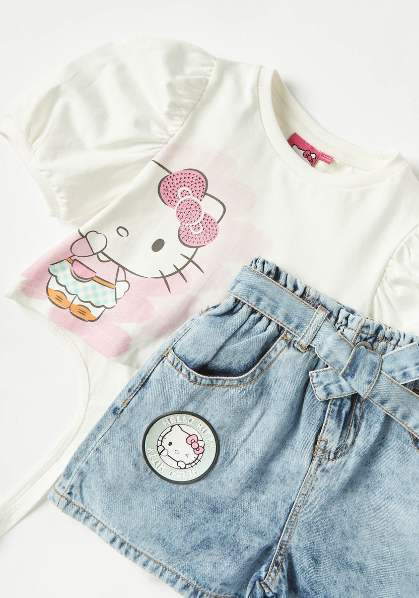 Sanrio Hello Kitty Print T-shirt and Denim Shorts Set-Clothes Sets-image-3