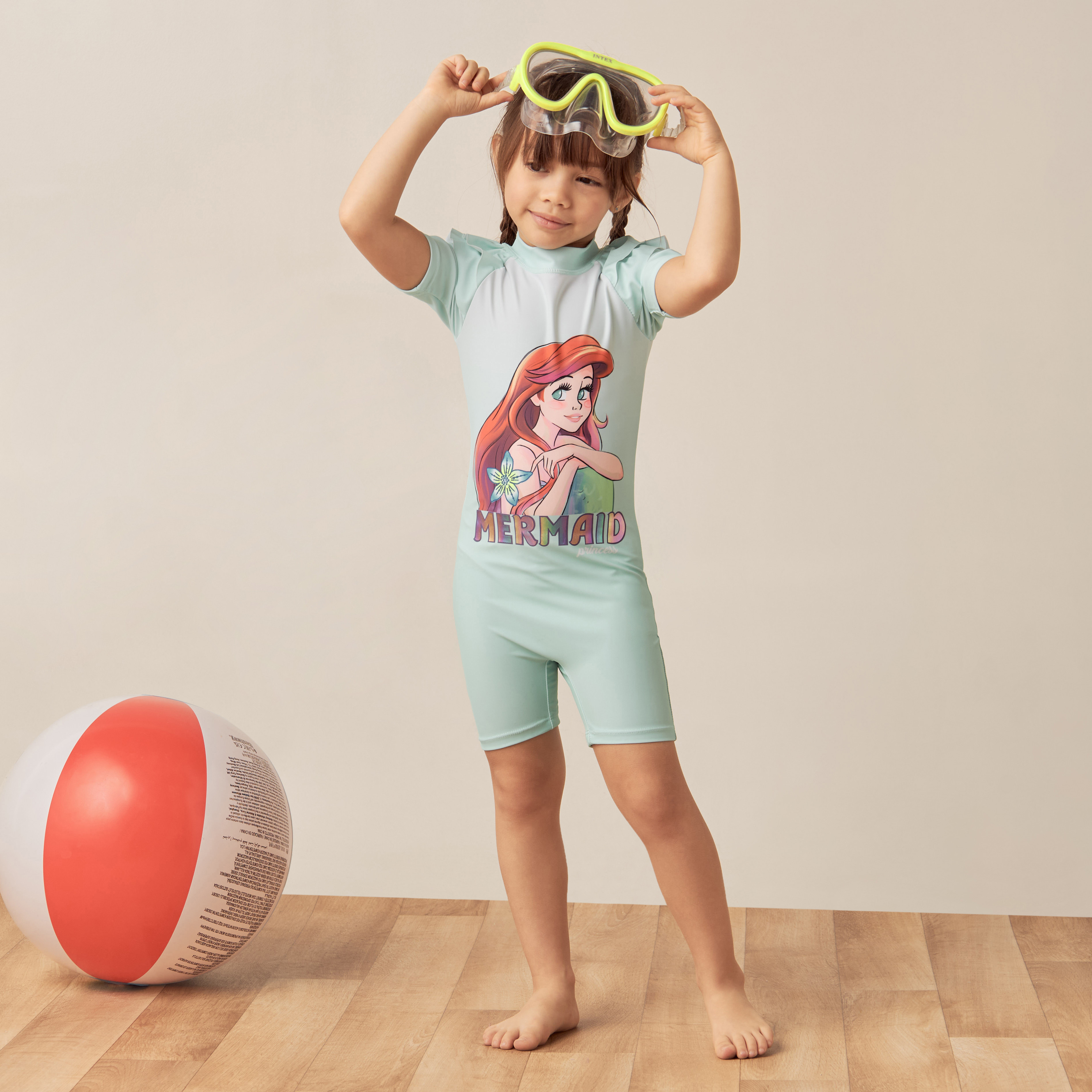 Disney Ariel Print Swimsuit with Short Sleeves and Ruffle Detail-baby-girls-clothing-swimwear-image-1