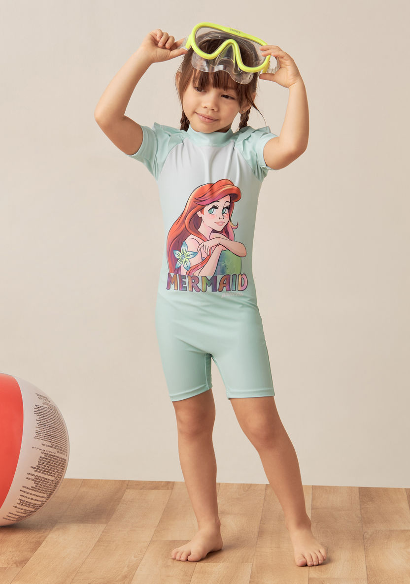 Disney Ariel Print Swimsuit with Short Sleeves and Ruffle Detail-Swimwear-image-0