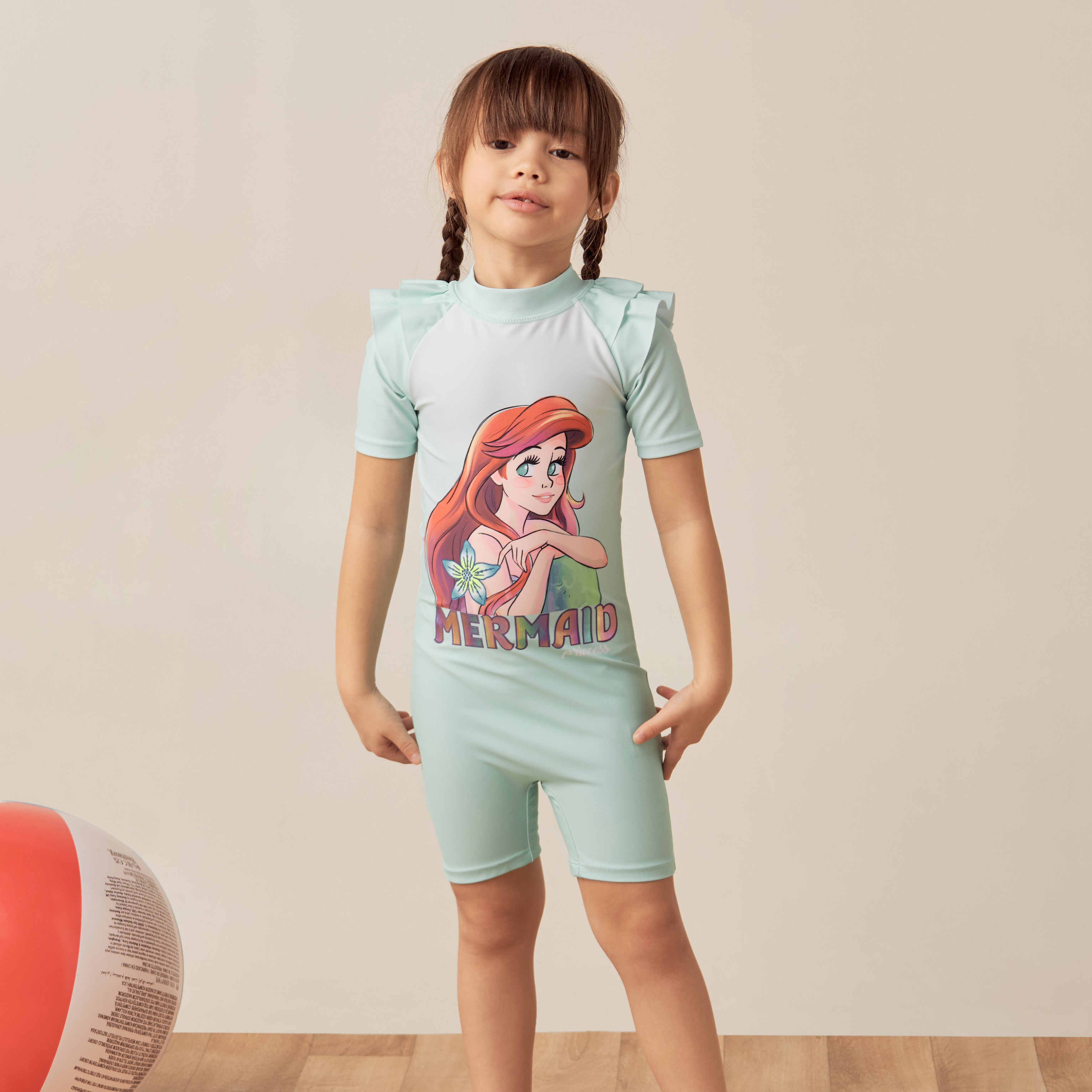 Disney Ariel Print Swimsuit with Short Sleeves and Ruffle Detail-baby-girls-clothing-swimwear-image-2
