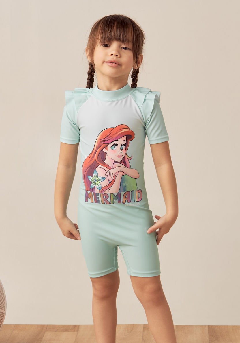 Disney Ariel Print Swimsuit with Short Sleeves and Ruffle Detail-Swimwear-image-1