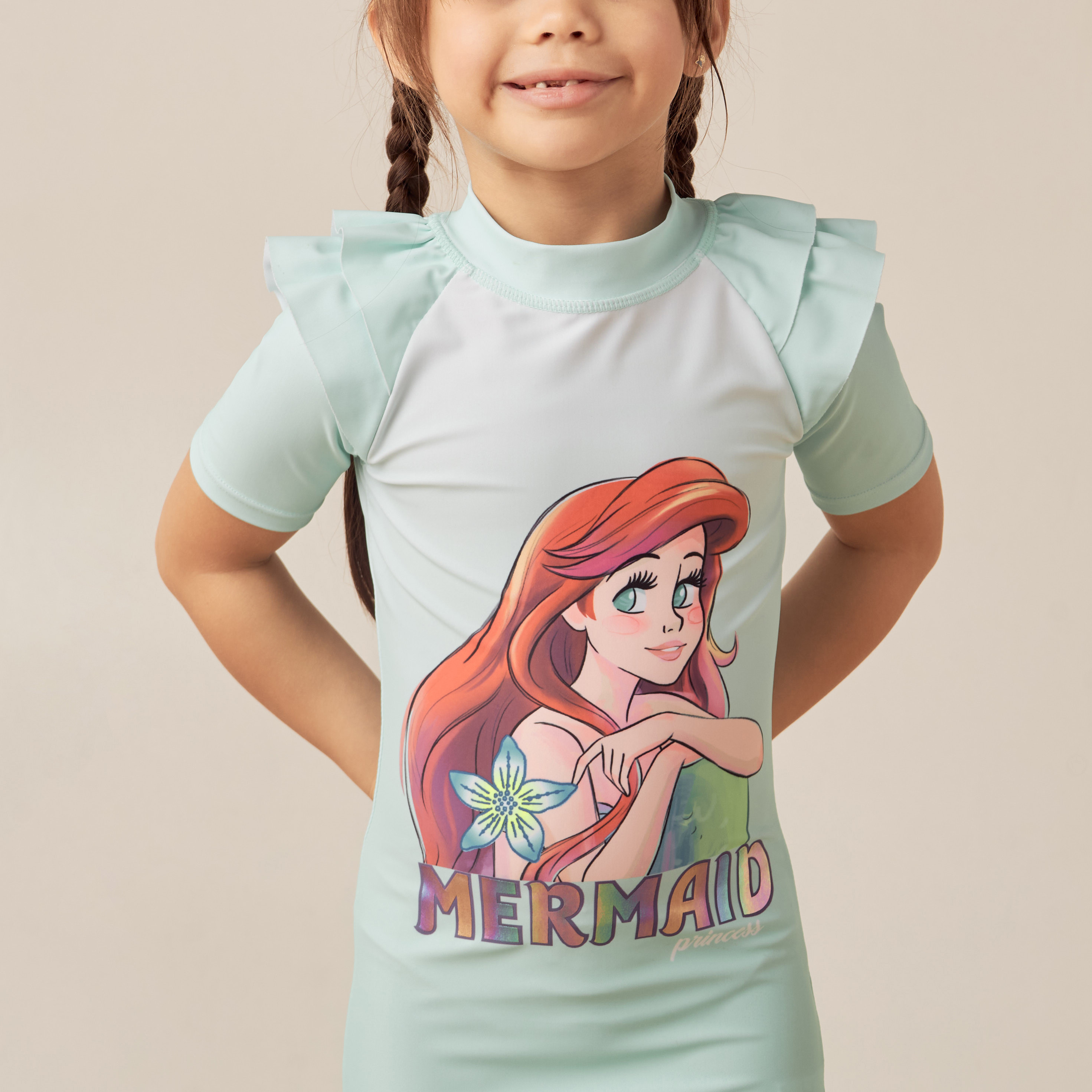 Disney Ariel Print Swimsuit with Short Sleeves and Ruffle Detail-baby-girls-clothing-swimwear-image-3