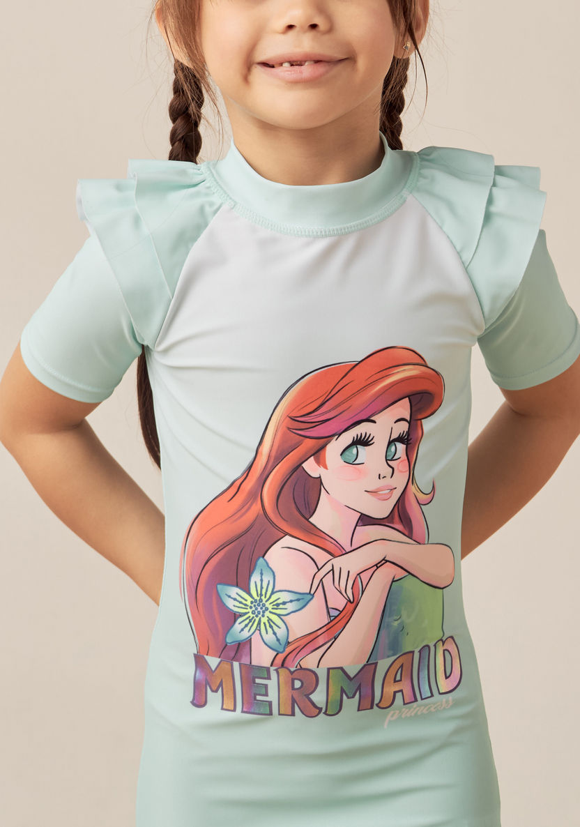 Disney Ariel Print Swimsuit with Short Sleeves and Ruffle Detail-Swimwear-image-2