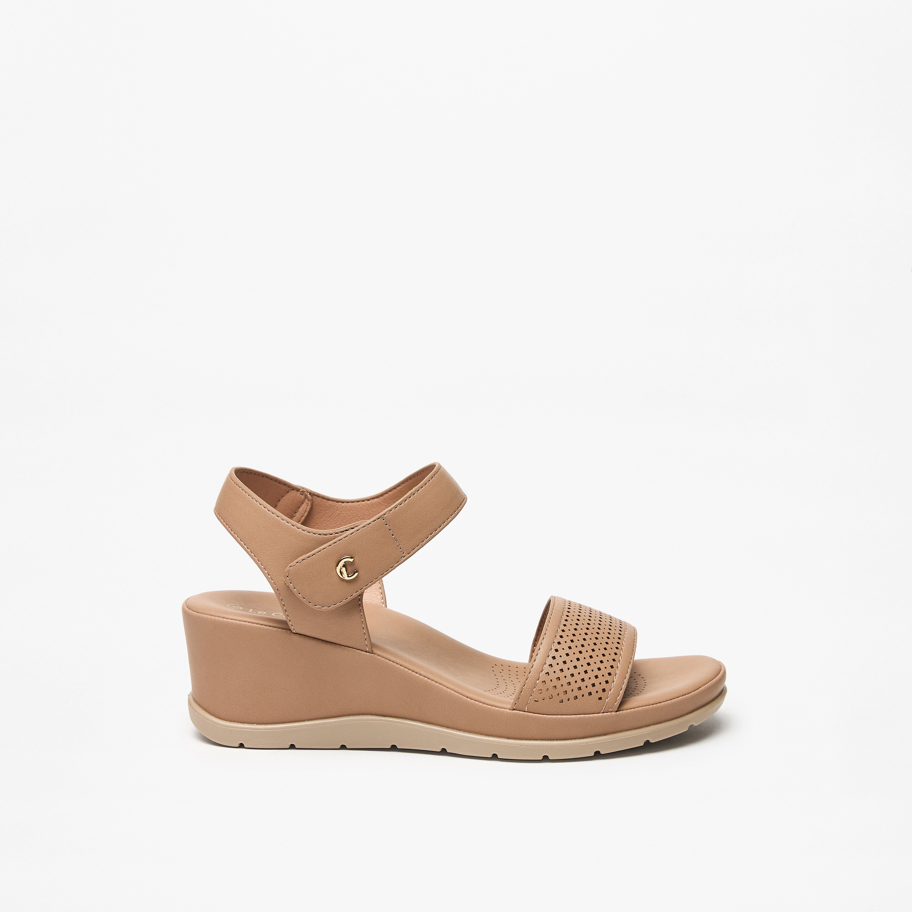 Le Confort Textured Wedge Heel Sandals with Hook and Loop Closure-women-shoes-sandals-heeled-image-3
